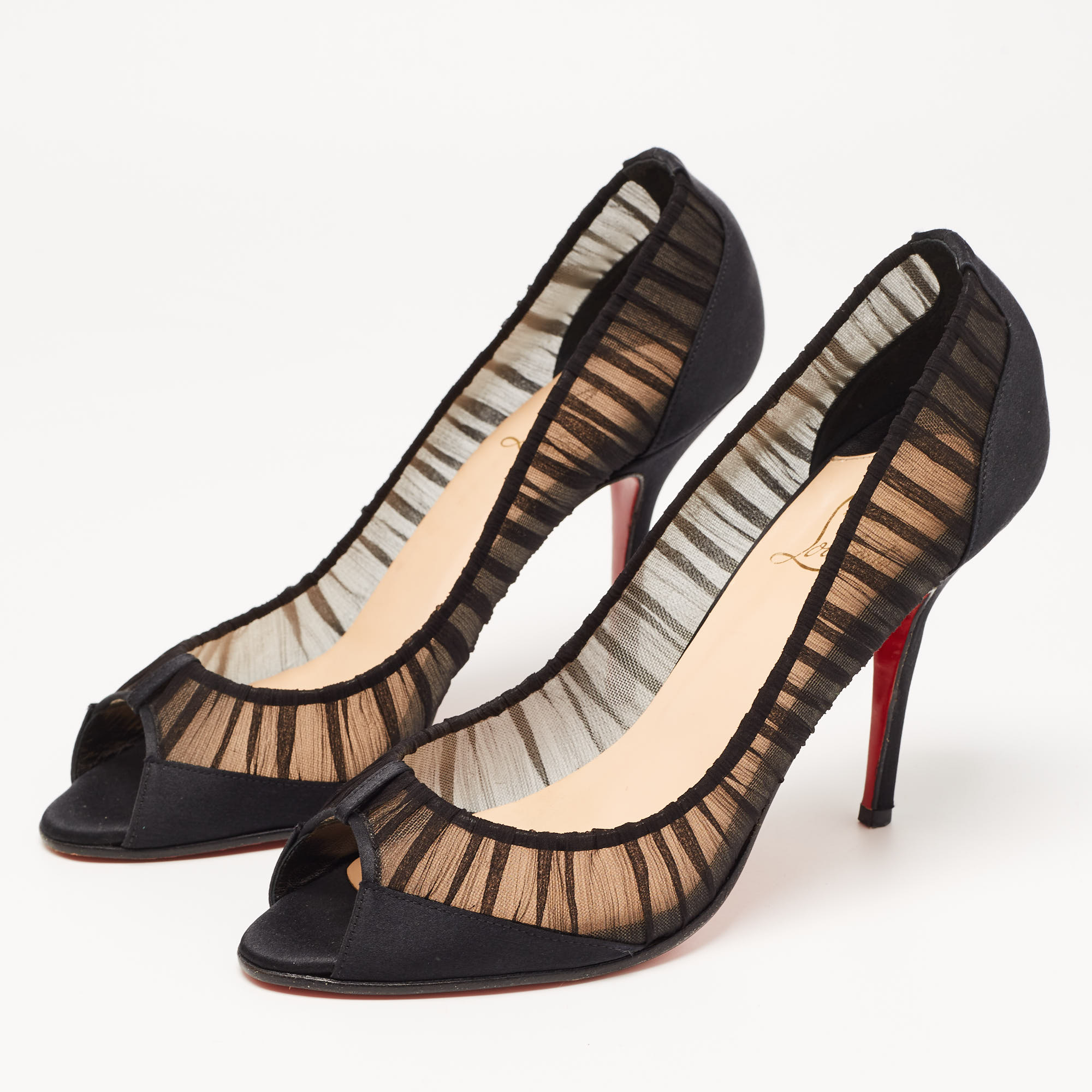

Christian Louboutin Black Mesh and Satin Ambrosina Peep Toe Pumps Size