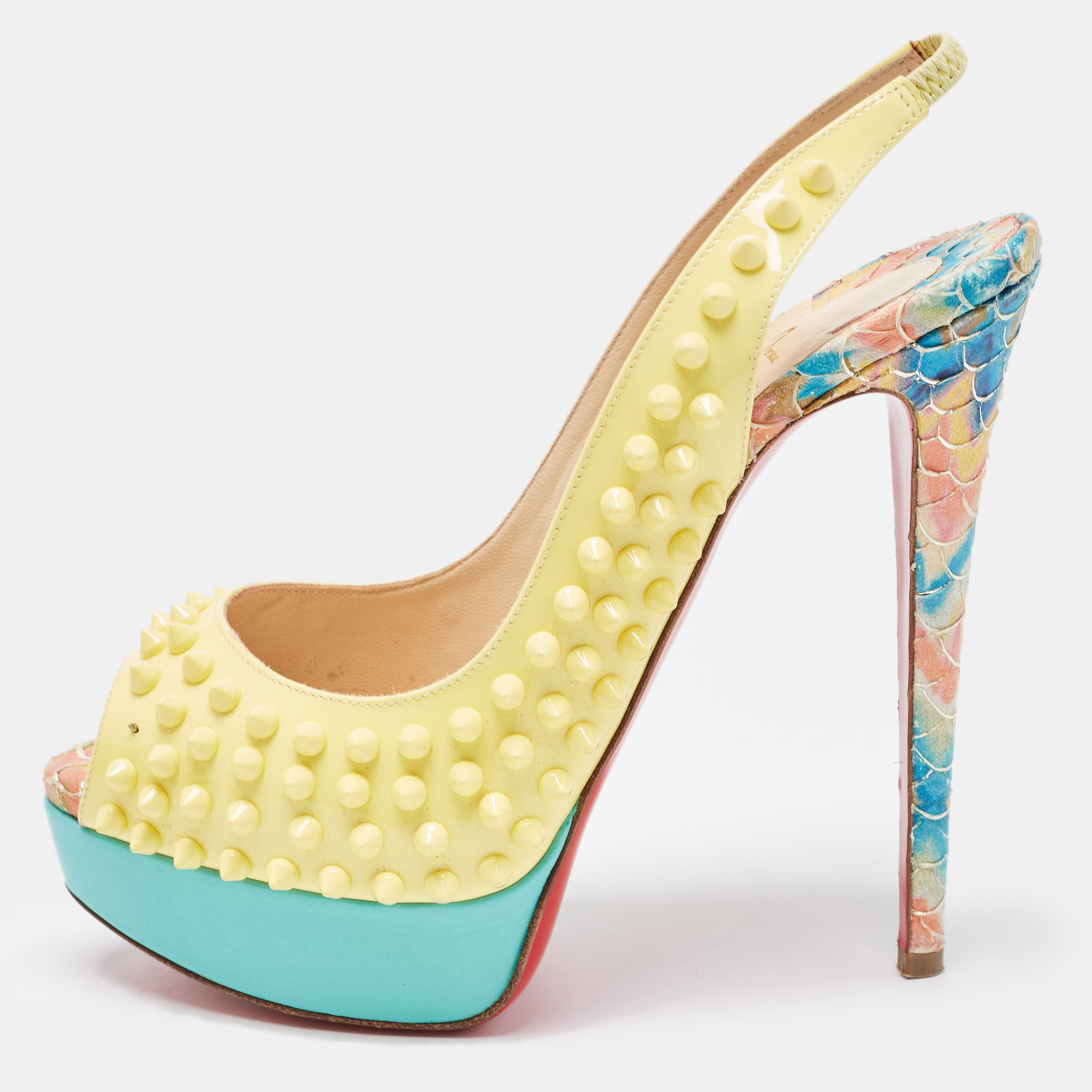 Pre-owned Christian Louboutin Yellow Patent Leather Lady Peep Spike Slingback Pumps Size 37.5