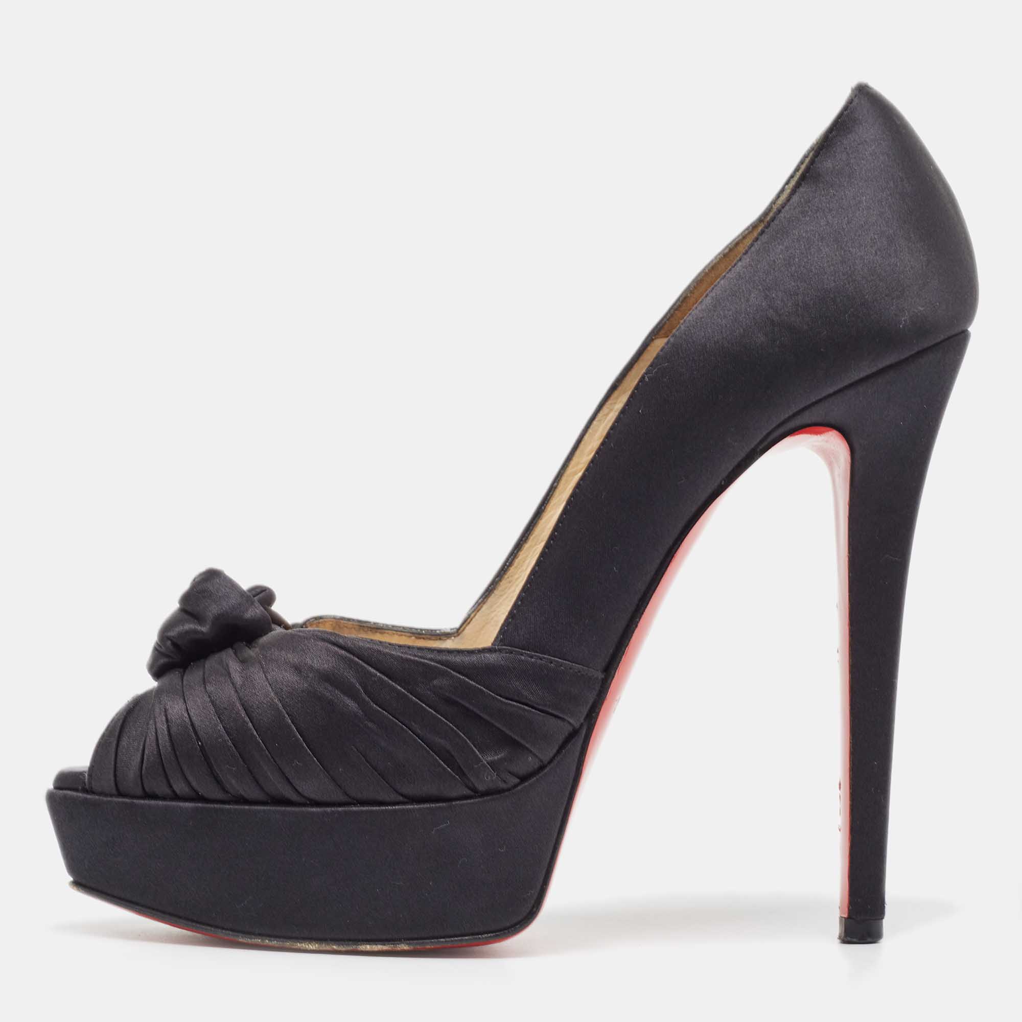 Pre-owned Christian Louboutin Black Knotted Satin Peep Toe Platform Pumps Size 37