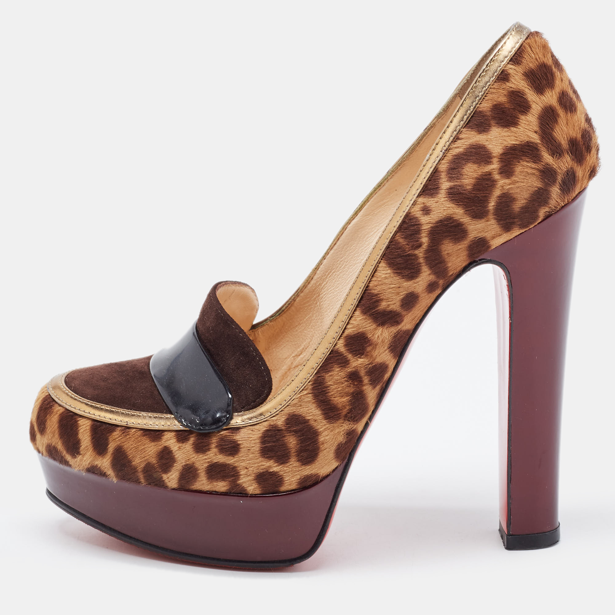 Pre-owned Christian Louboutin Tricolor Animal Print Calf Hair And Suede Platform Loafer Pumps Size 36 In Brown