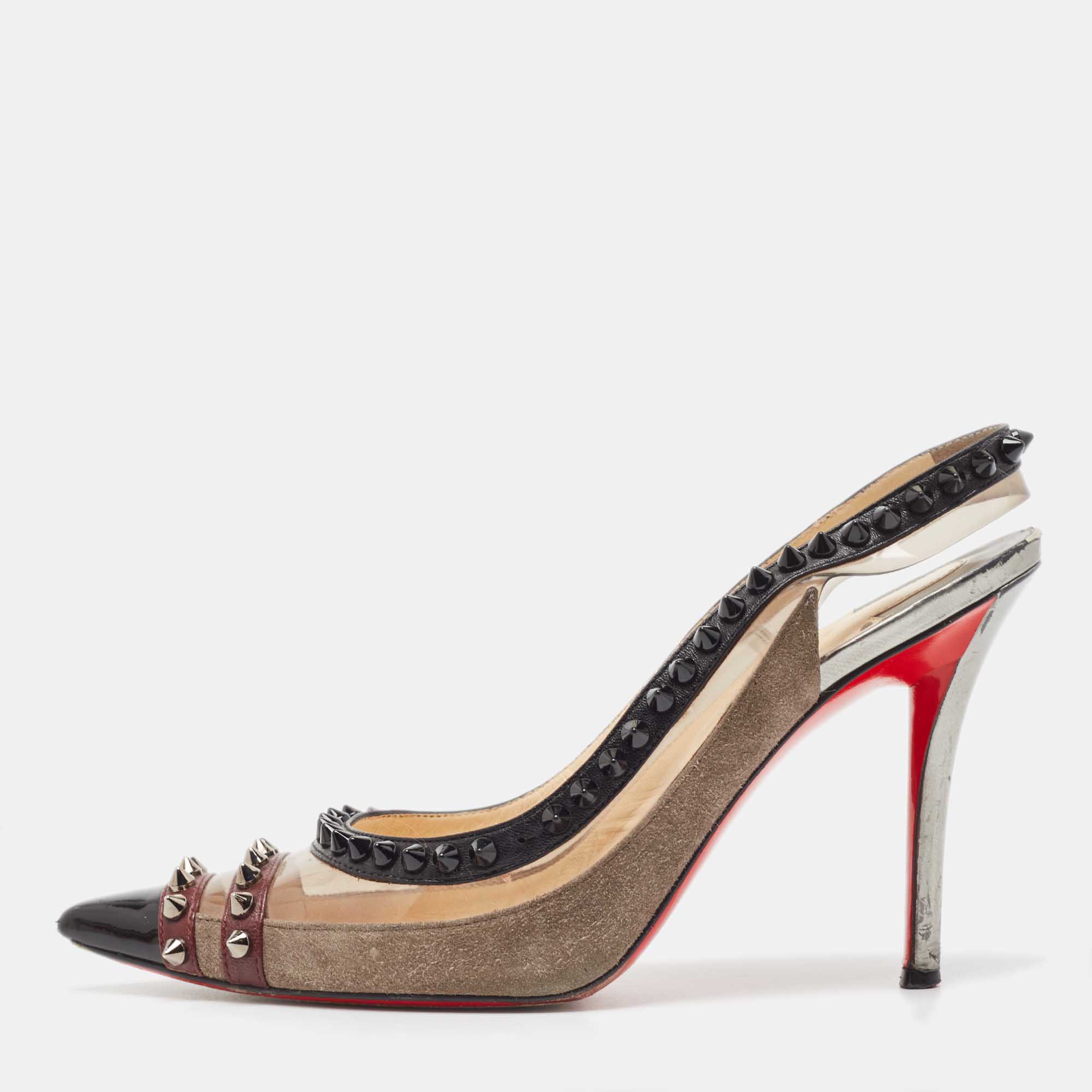 Pre-owned Christian Louboutin Tricolor Leather And Pvc Spiked Slingback Pumps Size 37 In Grey