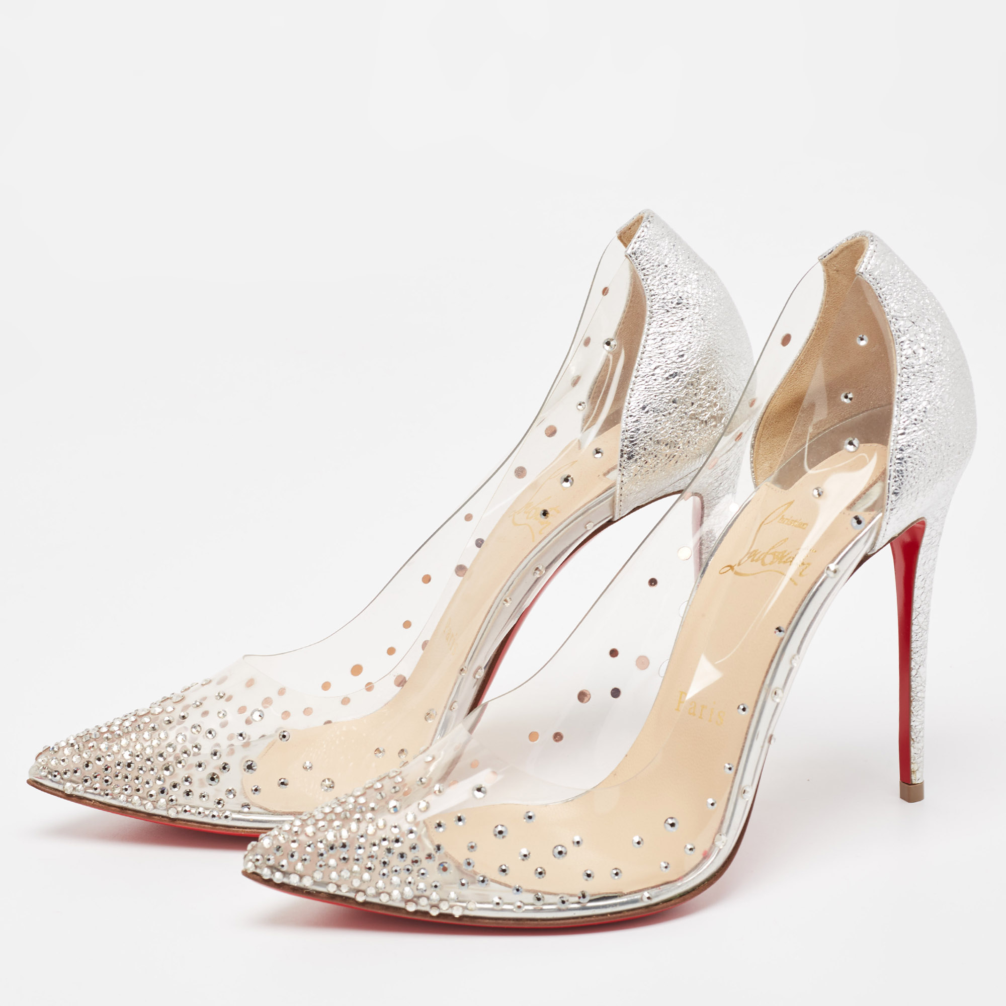 

Christian Louboutin Silver Textured Leather and PVC Degrastrass Pumps Size