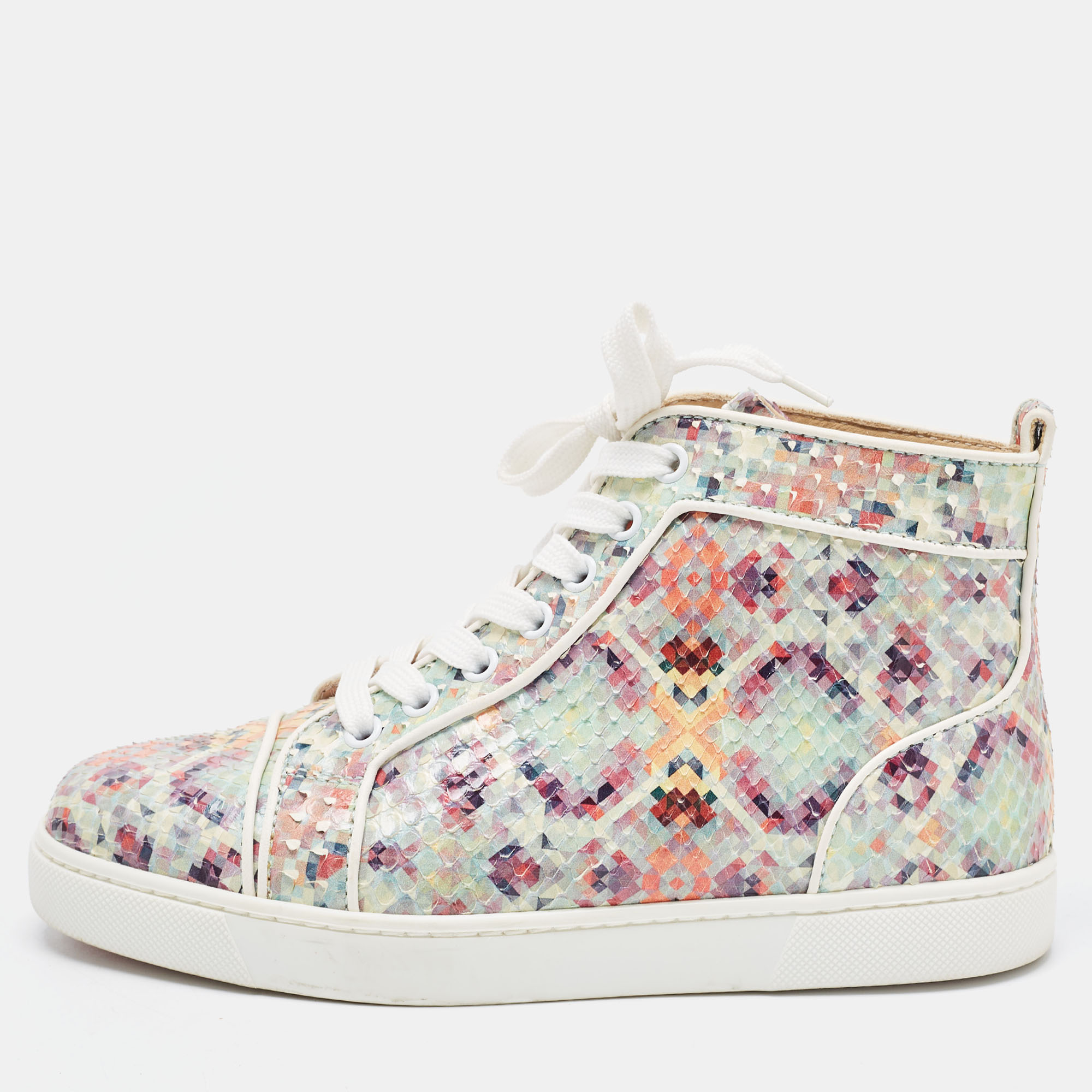 Pre-owned Christian Louboutin Green Pixel Print Embossed Snakeskin Louis High Top Sneakers Size 36