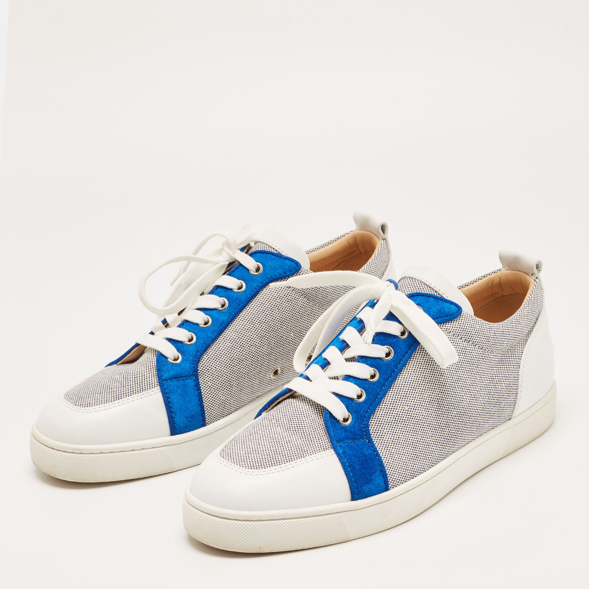 

Christian Louboutin White/Navy Blue Leather and Woven Fabric Rantulow Low Top Sneakers Size