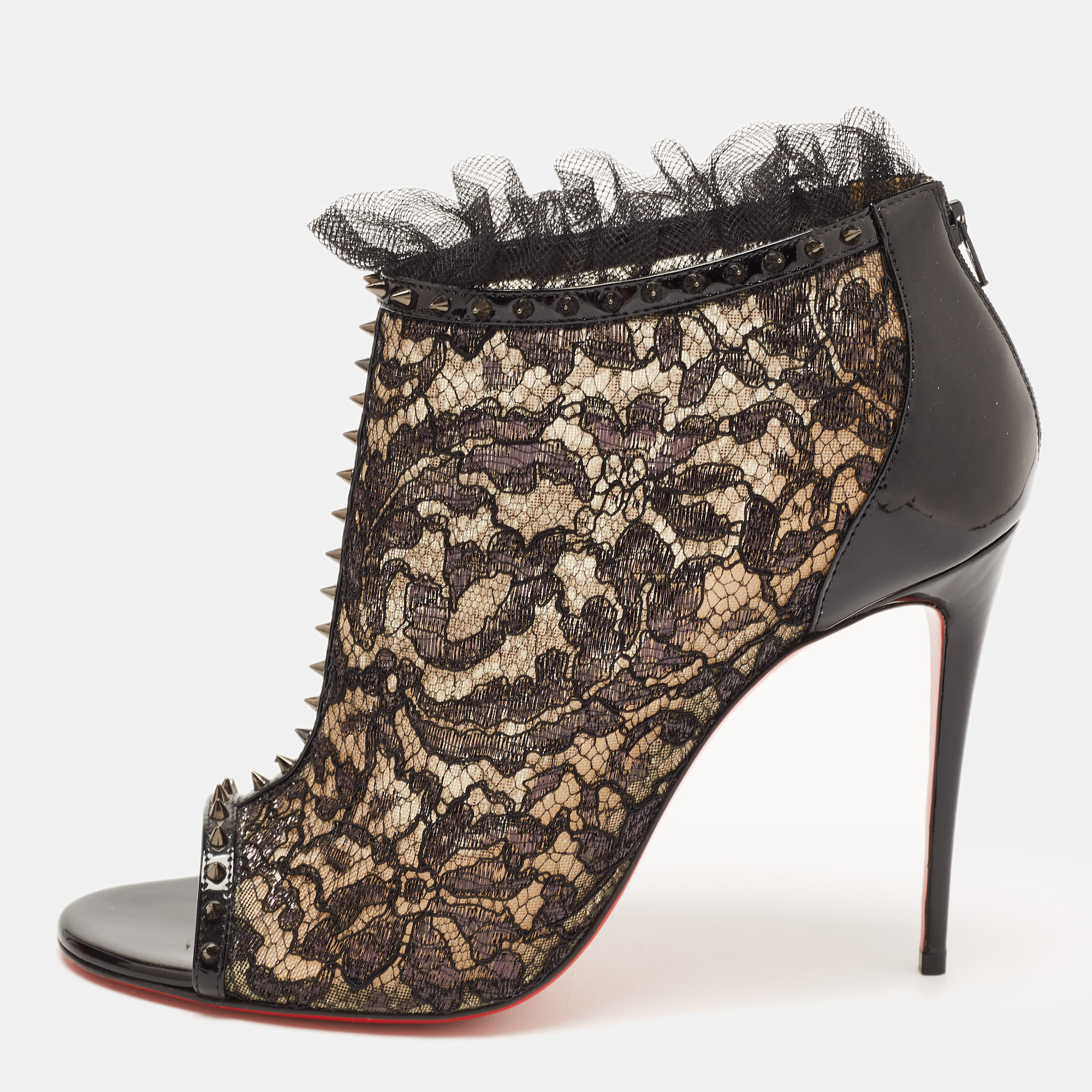 

Christian Louboutin Black Lace and Patent Leather Juliettra Booties Size