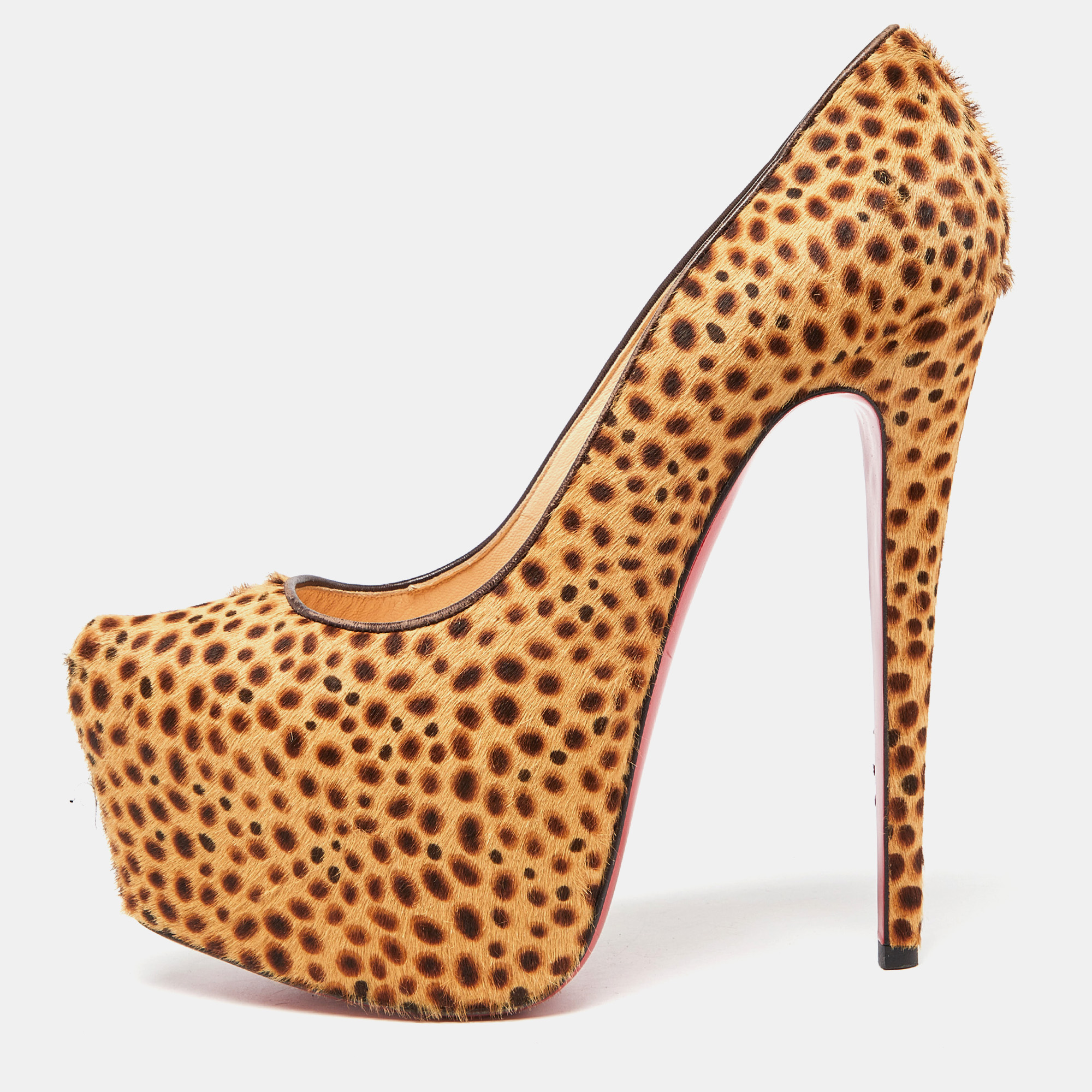 Take your love for Louboutins to new heights by adding this gorgeous pair to your collection. The pumps simply speak high fashion in every stitch and curve. The exteriors come made from leopard print calfhair and the pumps are finished with platforms 16.5cm heels and the famous red soles.