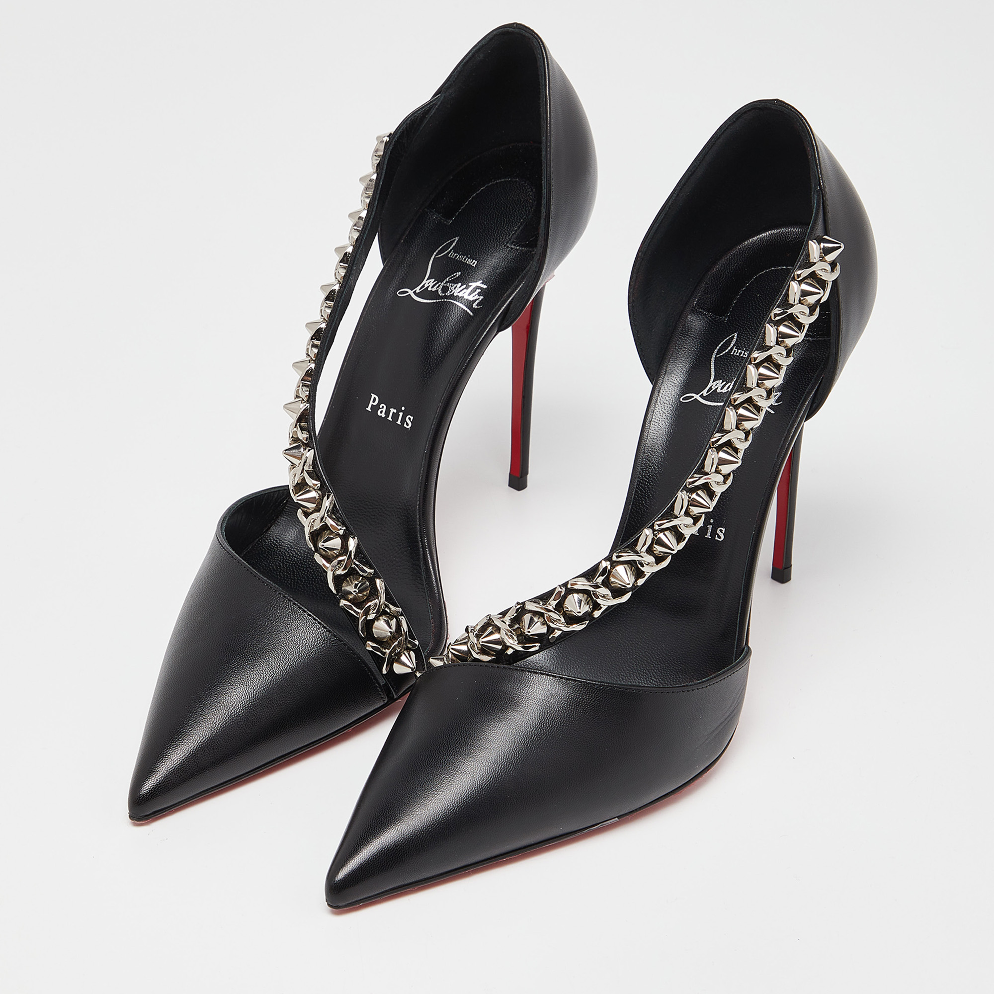 

Christian Louboutin Black Leather Deomina Chain 100 Pumps Size