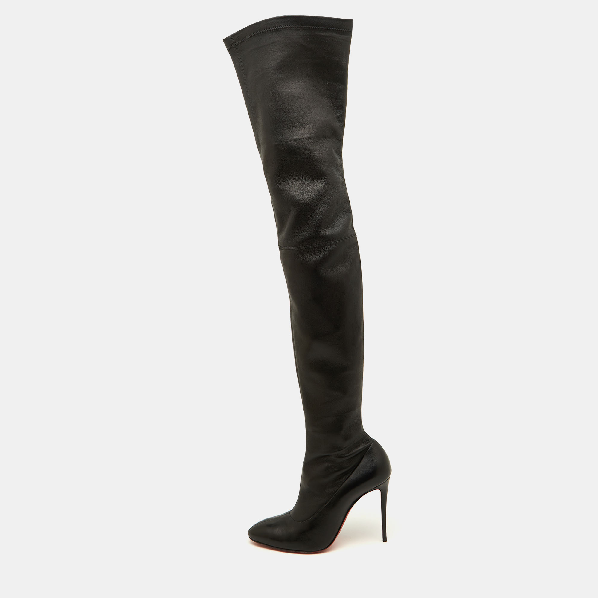 Pre-owned Christian Louboutin Black Leather Thigh High Boots Size 38