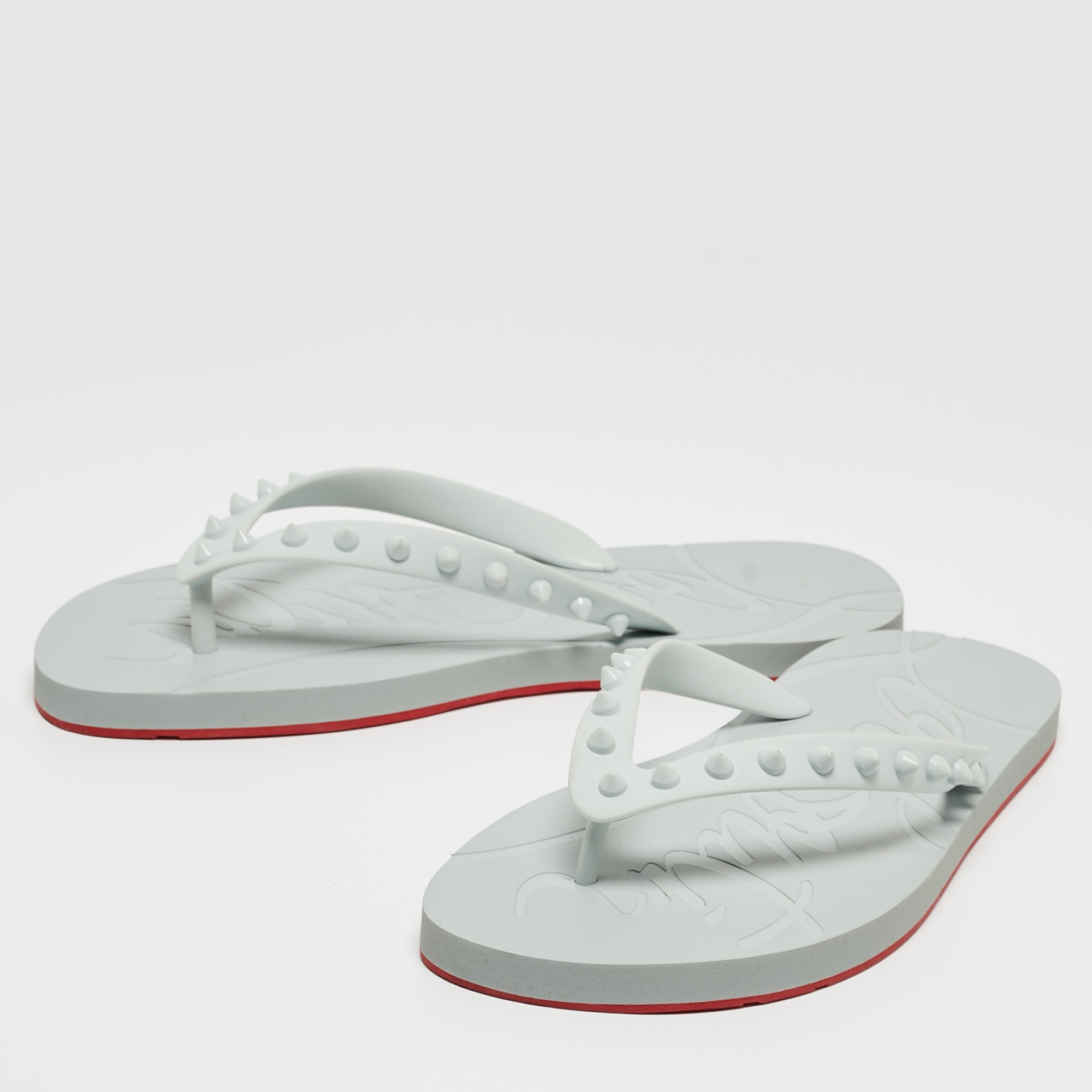 

Christian Louboutin Grey Rubber Loubi Flip Spikes Thong Flats Size