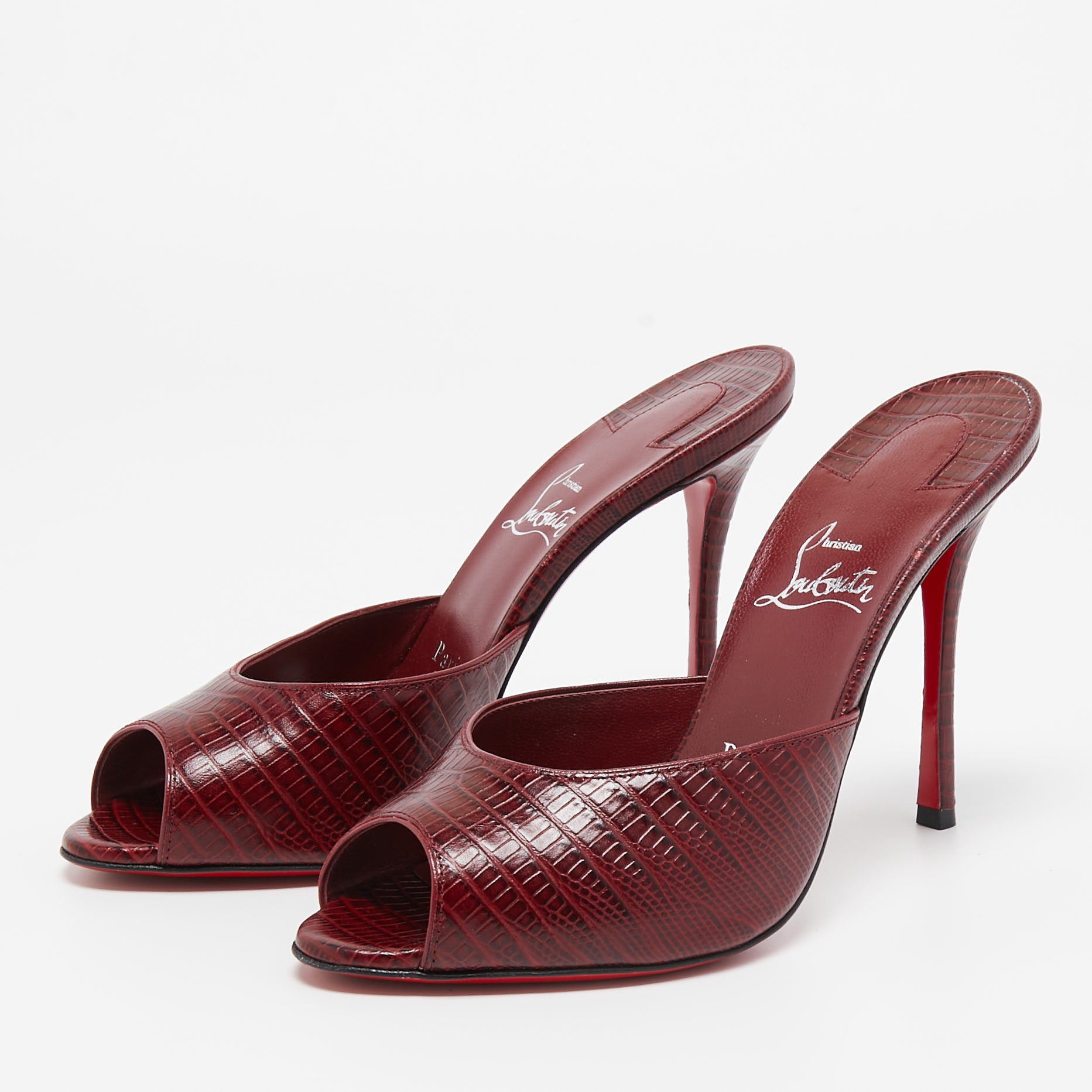 

Christian Louboutin Burgundy Lizard Embossed Leather Me Dolly Slide Sandals Size