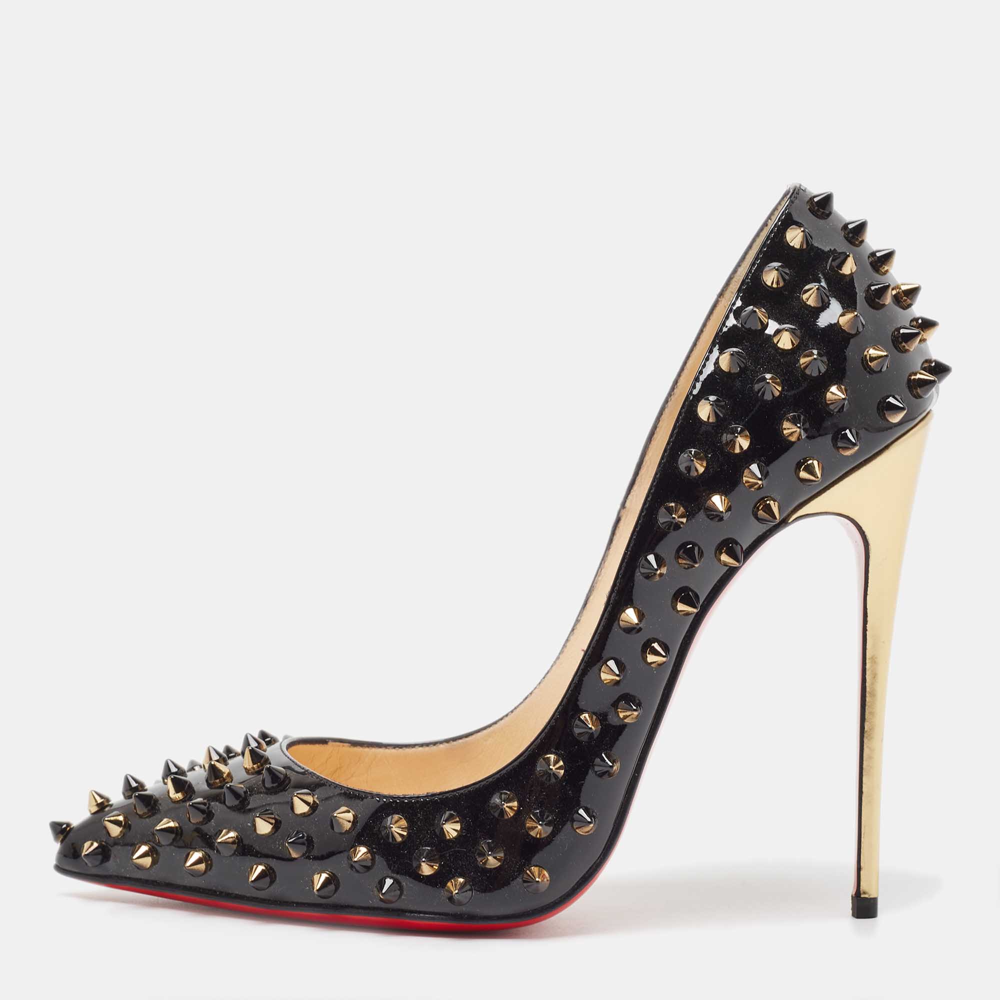 

Christian Louboutin Black/Gold Patent Leather Pigalle Spikes Pumps Size