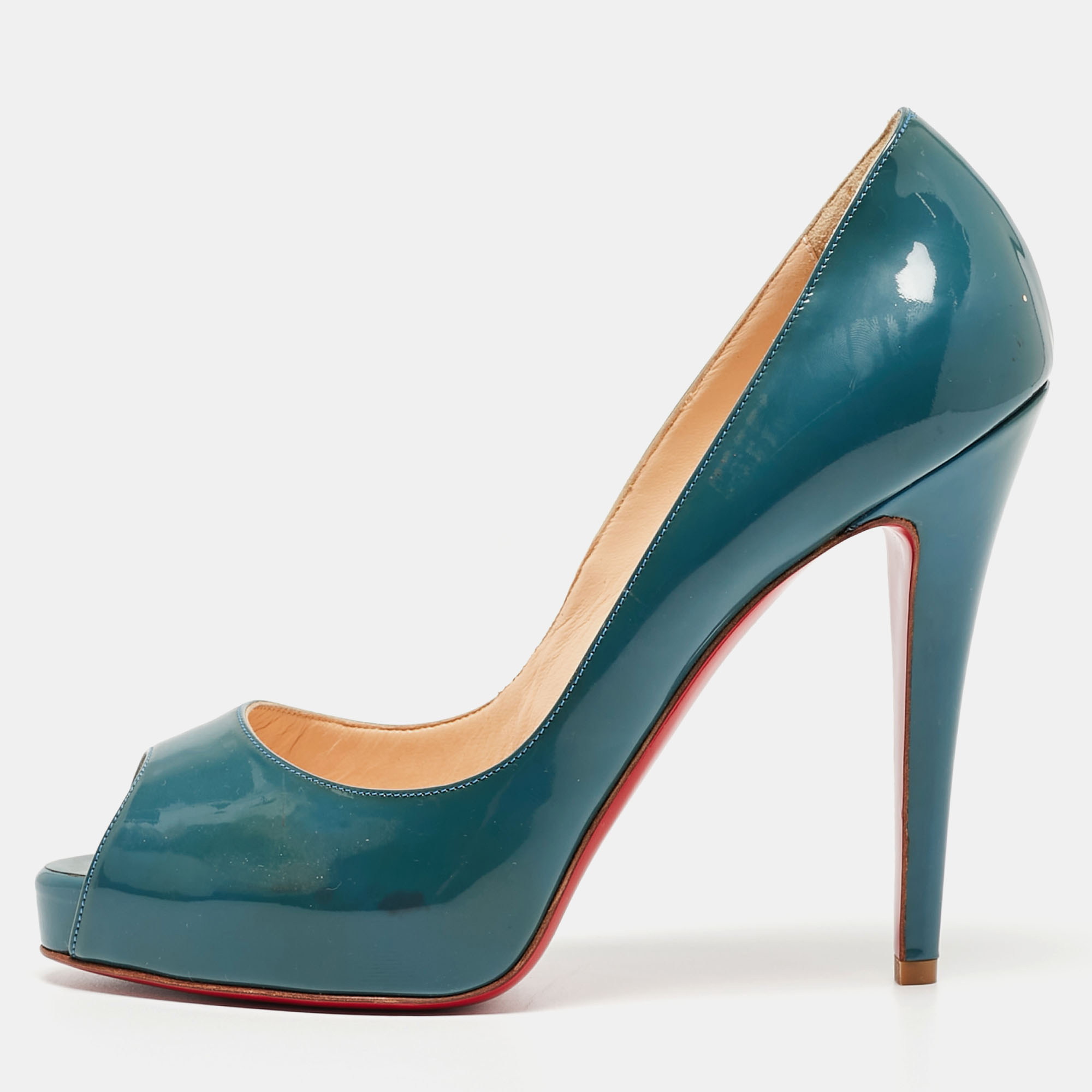 

Christian Louboutin Two Tone Patent Peep Toe Pumps Size, Blue