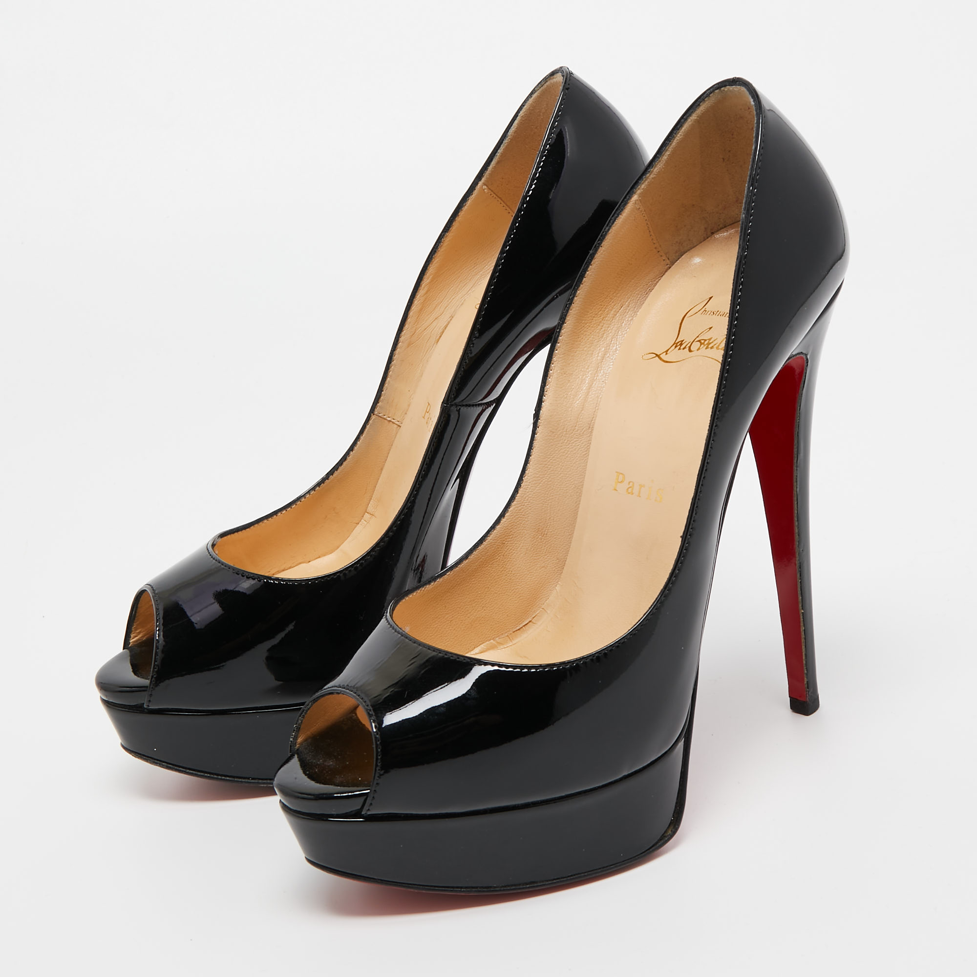 

Christian Louboutin Black Patent Leather Lady Peep Pumps Size