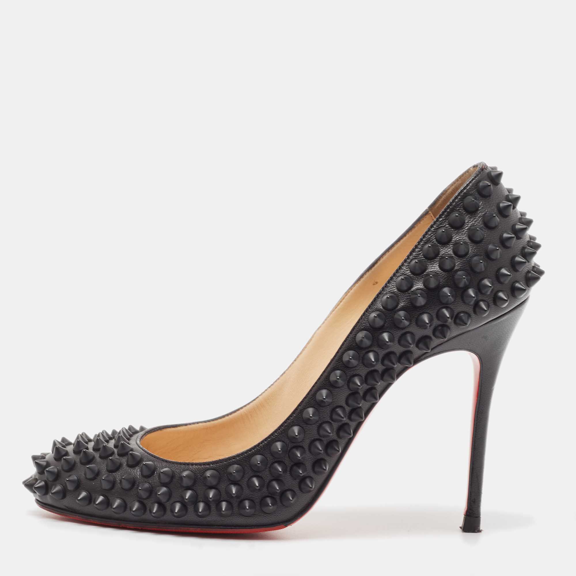 Pre-owned Christian Louboutin Black Leather Fifi Spikes Pumps Size 36.5
