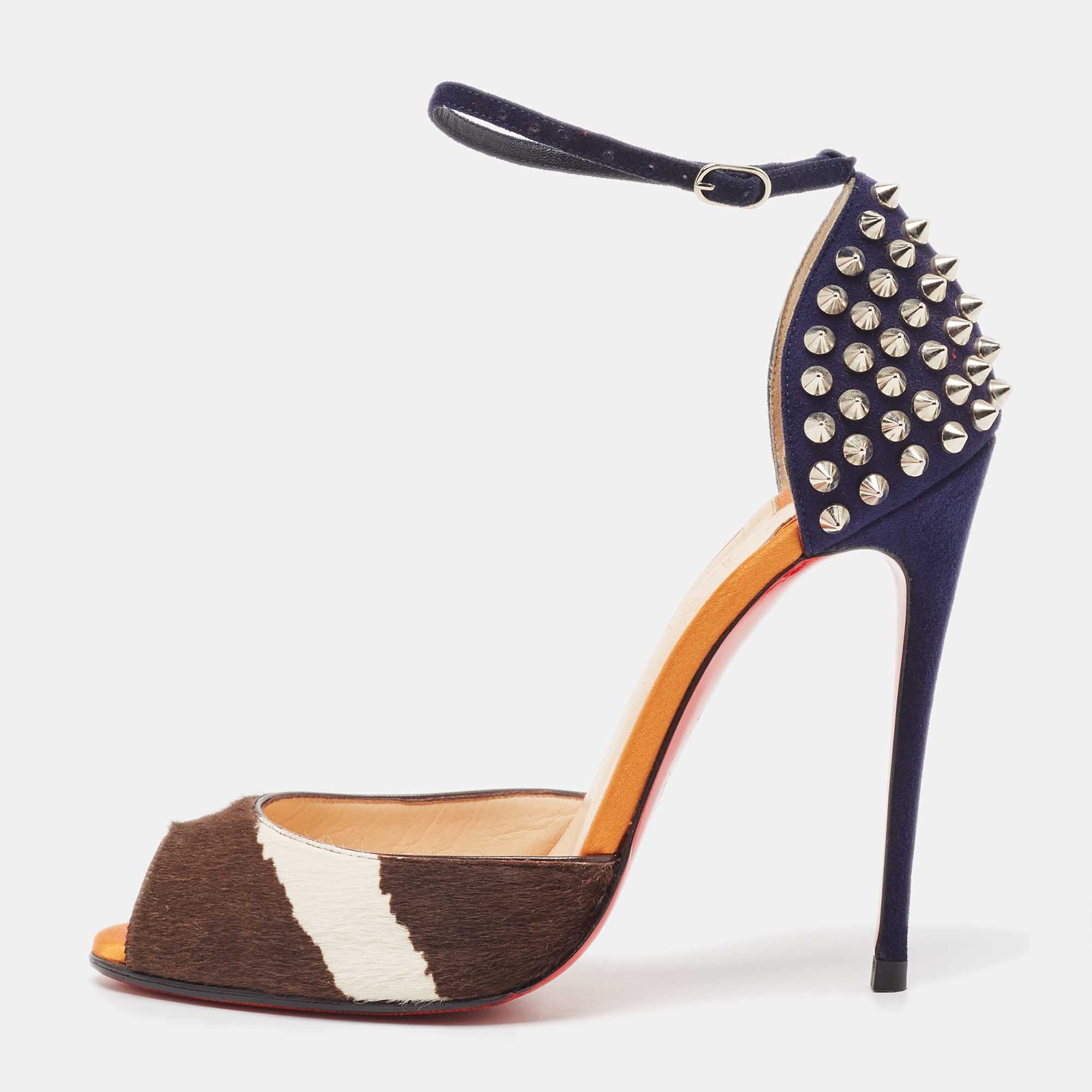 

Christian Louboutin Tricolor Calf Hair and Suede Pina Spike Sandals Size, Navy blue