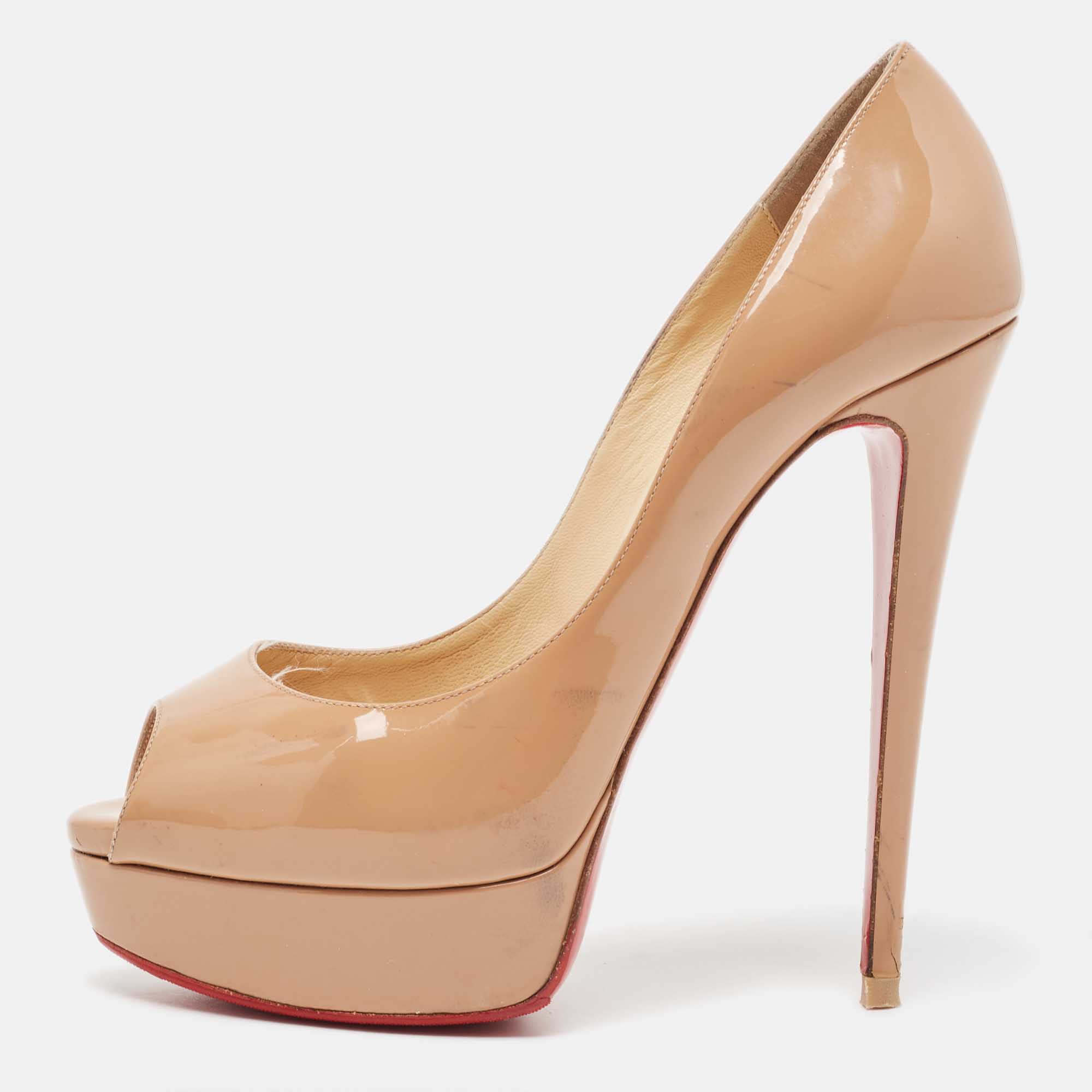 Pre-owned Christian Louboutin Beige Patent Lady Peep Pumps Size 38.5