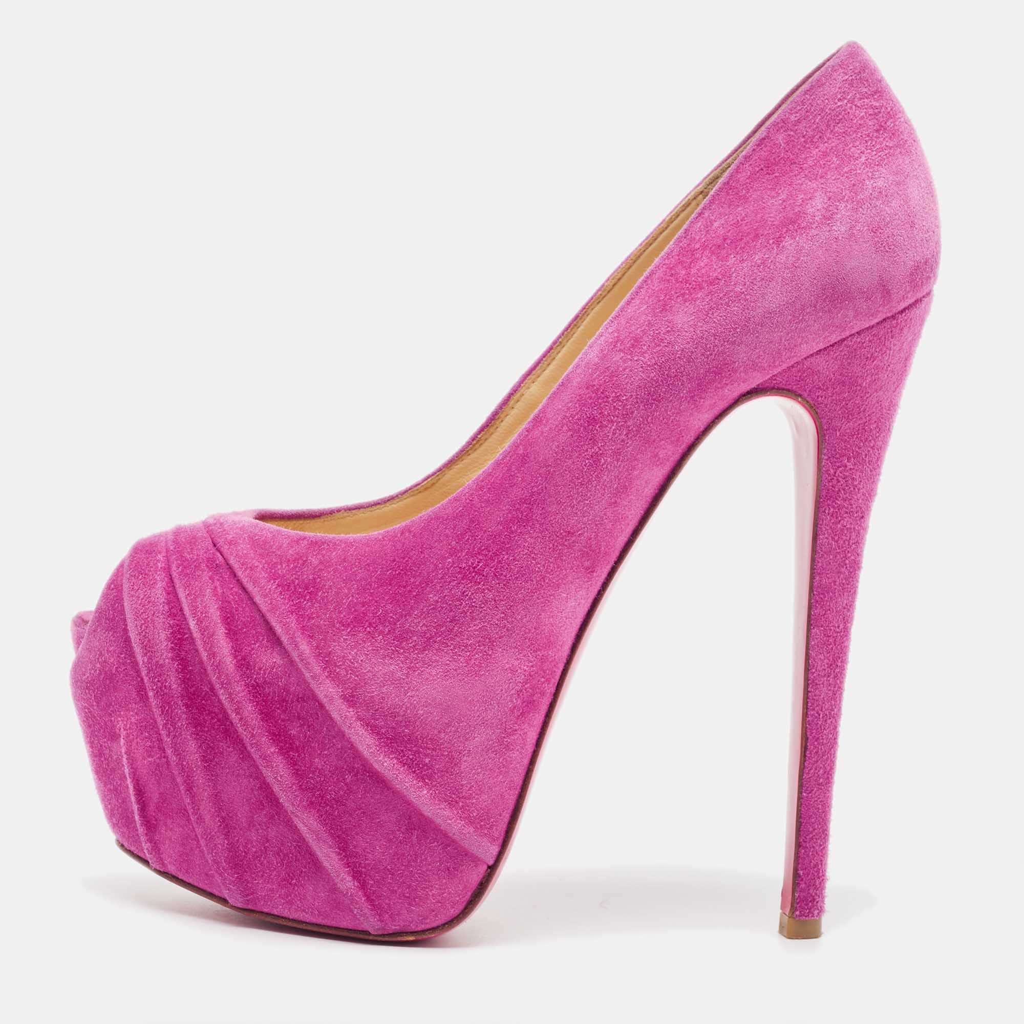 Pre-owned Christian Louboutin Pink Suede Drapesse Peep Toe Pumps Size 38