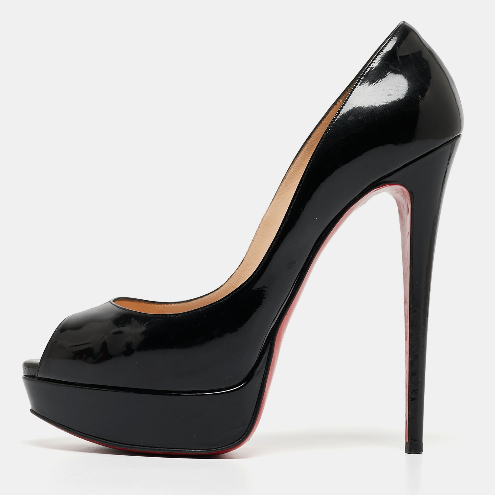 Pre-owned Christian Louboutin Black Patent Leather Lady Peep Pumps Size 40.5