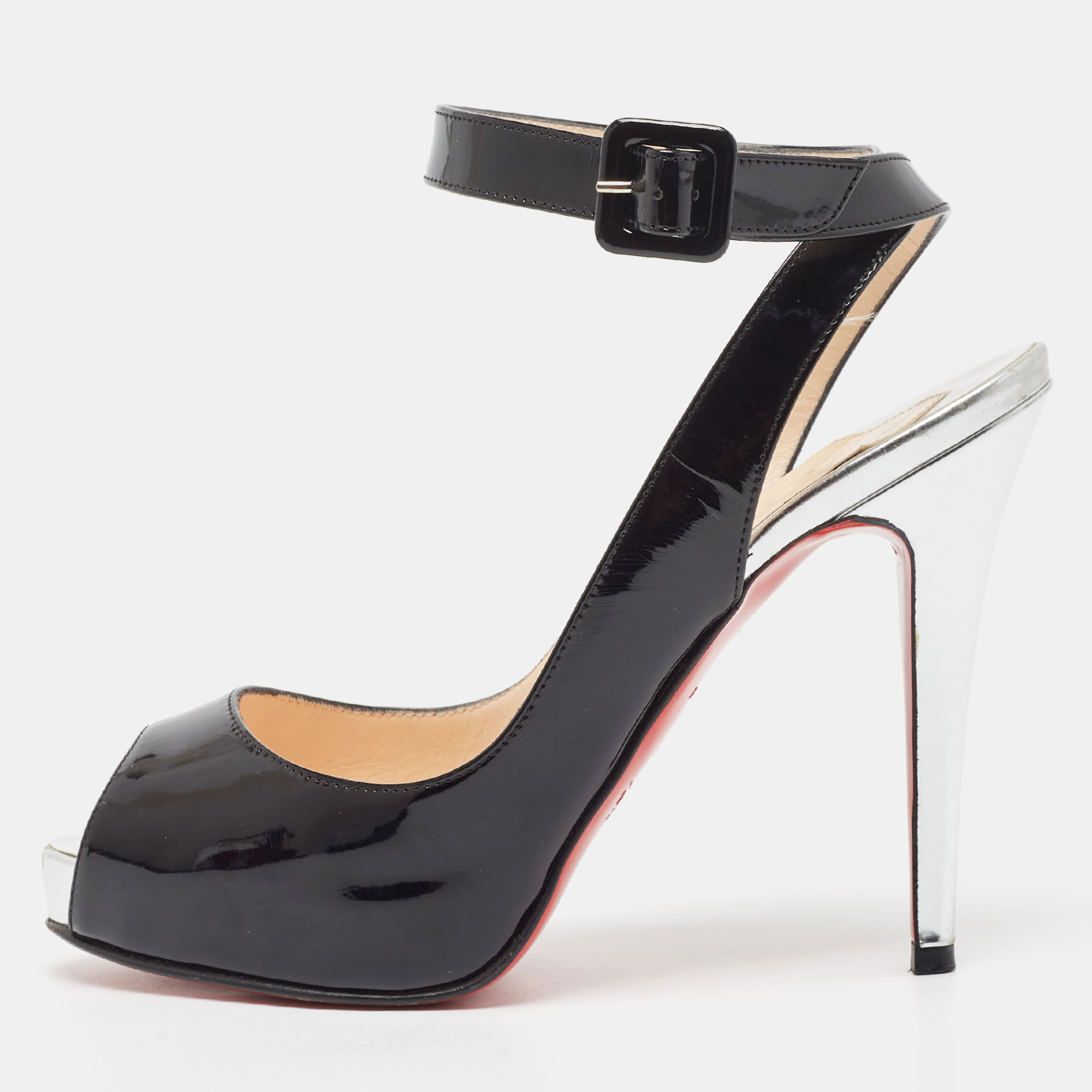 Pre-owned Christian Louboutin Black Patent Private Number Peep Toe Slingback Pumps Size 36.5
