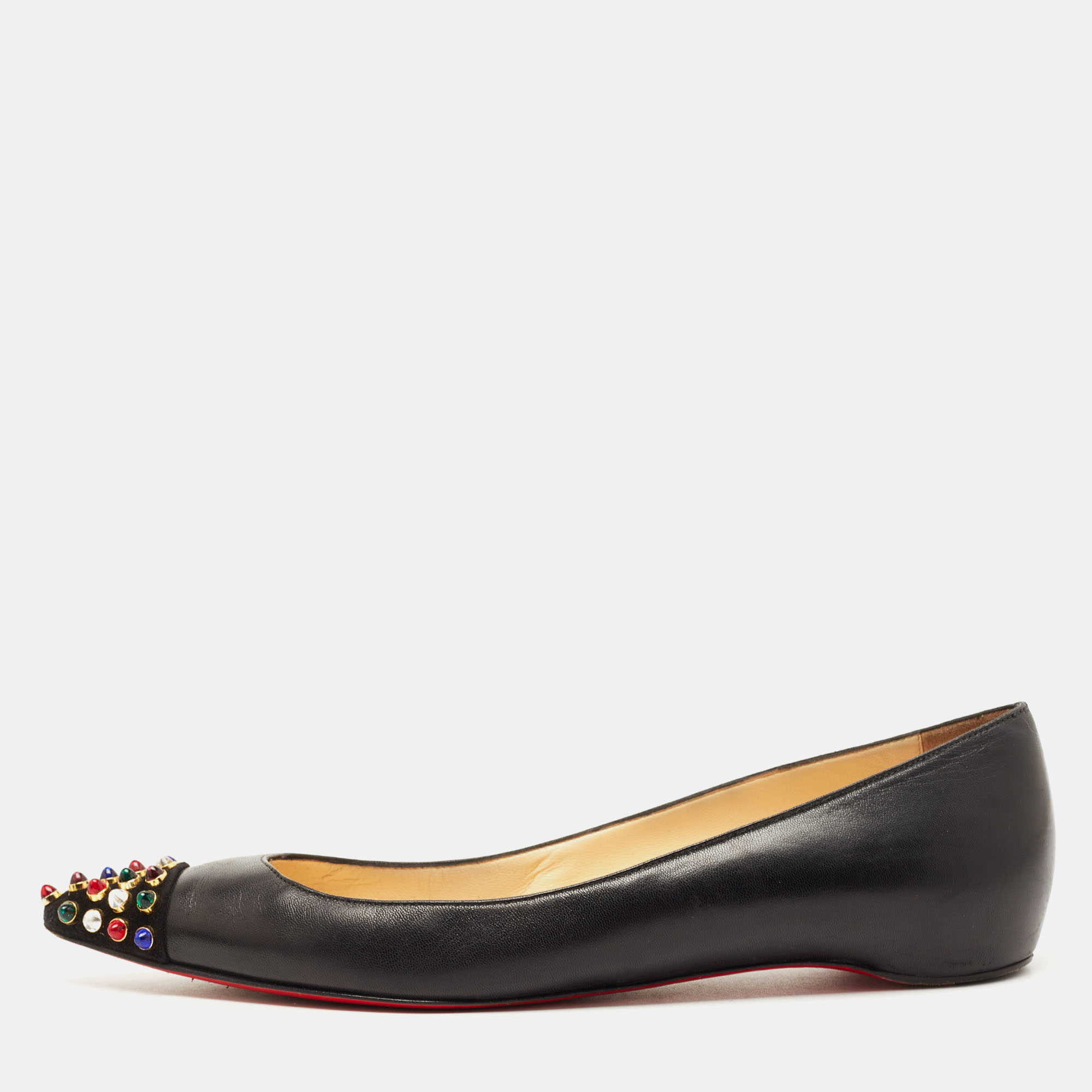 Pre-owned Christian Louboutin Black Suede And Leather Crystal Geo Ballet Flats Size 37.5
