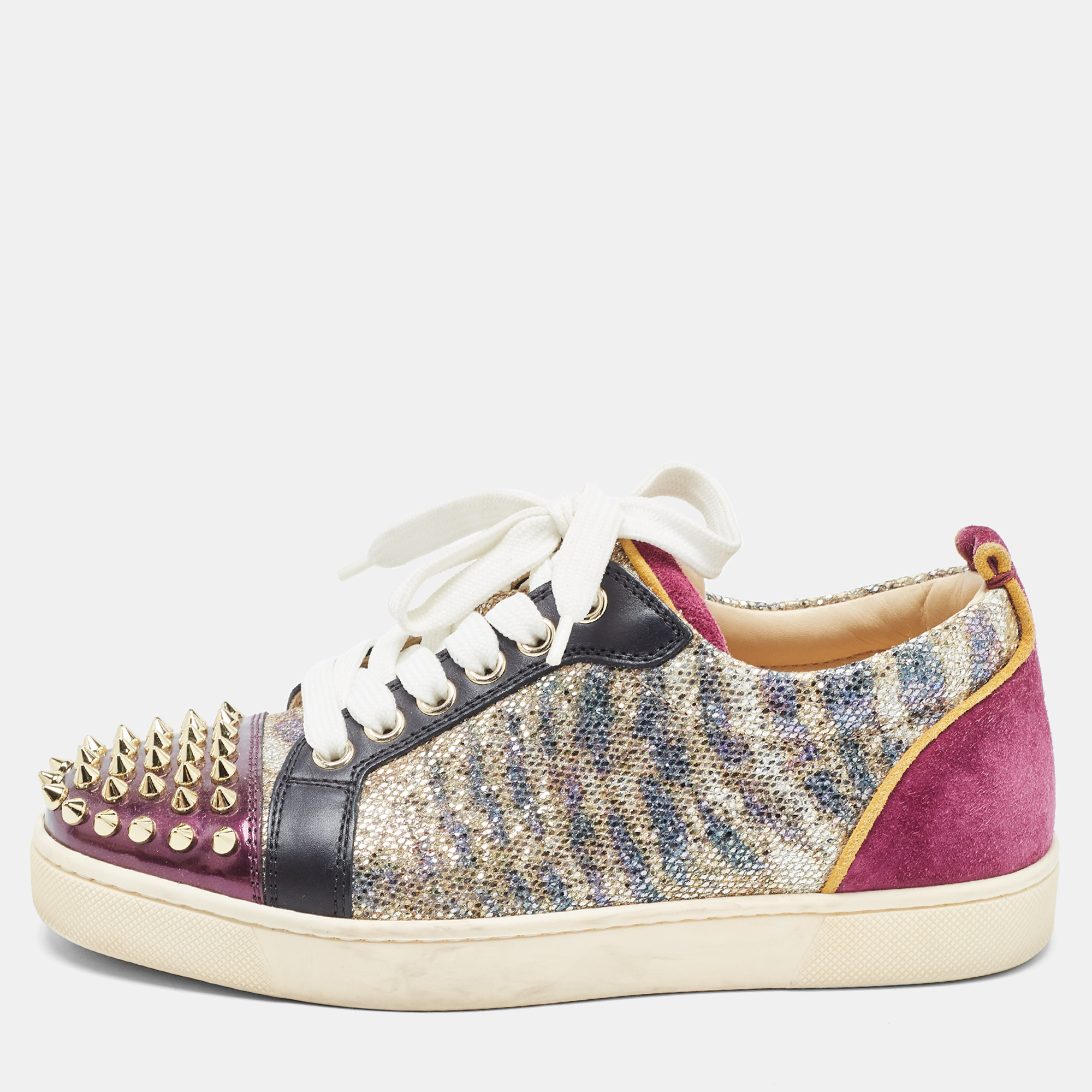 Pre-owned Christian Louboutin Multicolor Leather And Glitter Spikes Louis Junior Trainers Size 35