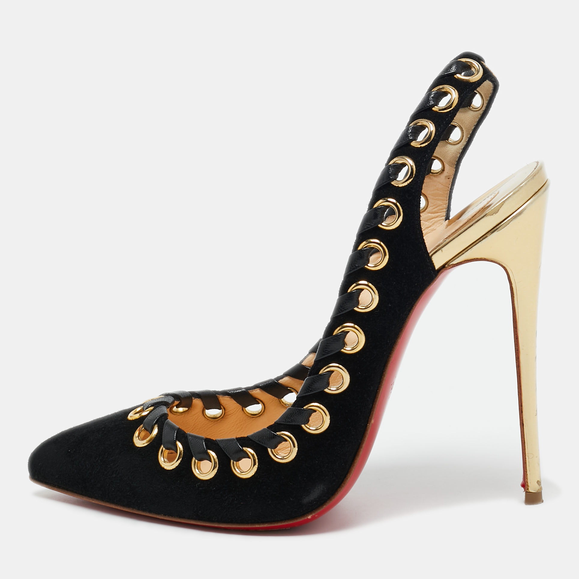 Christian Louboutin brings you this stunning pair of Whipstitch Ostri pumps that will elevate your outfit and give you confidence in every step. The chic suede sandals come with pointed toes and flaunt leather trims looped through gold tone eyelets. They are lined with leather and are finished with 12cm heels and signature red soles.
