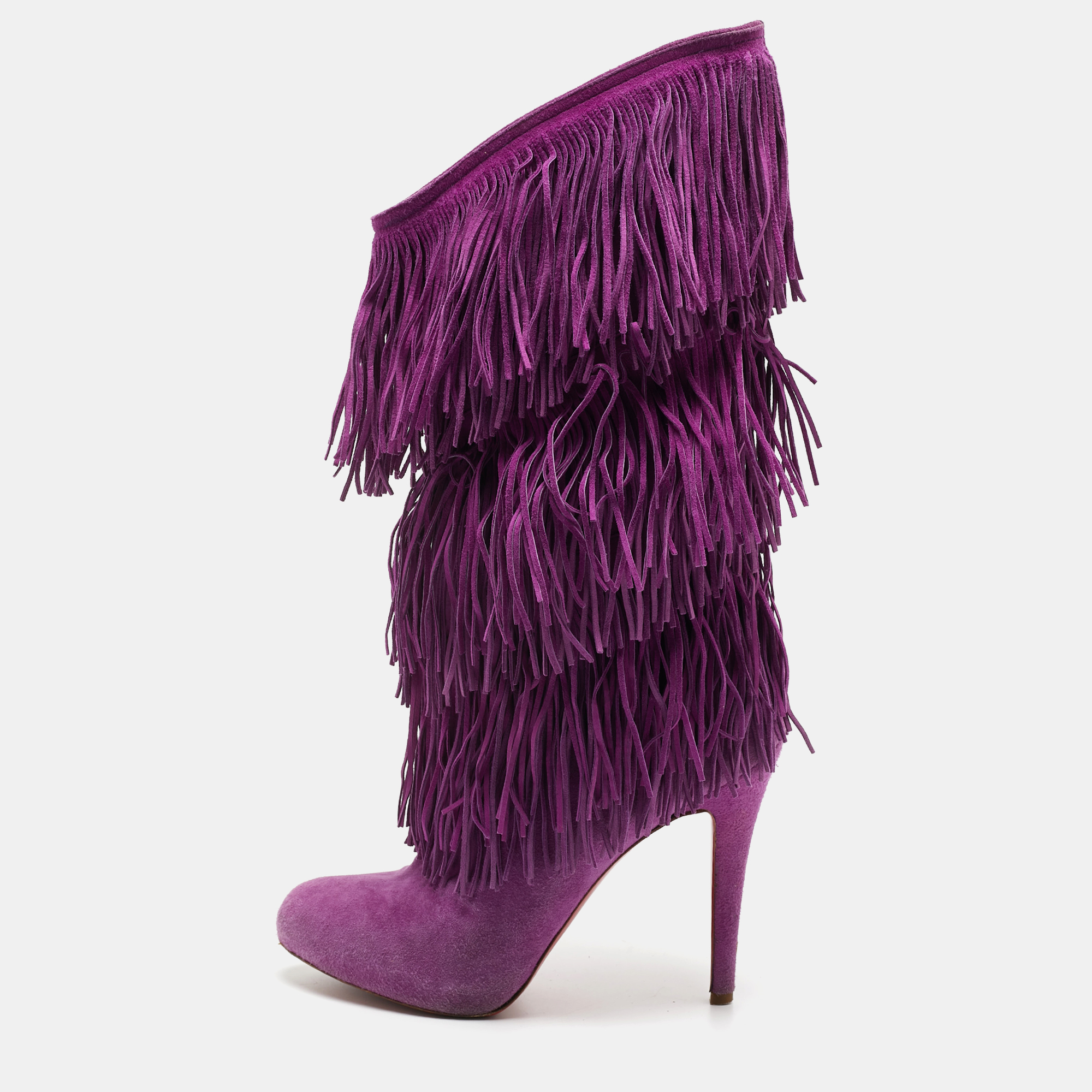 Pre-owned Christian Louboutin Purple Suede Forever Tina Fringe Mild Calf Boots Size 37