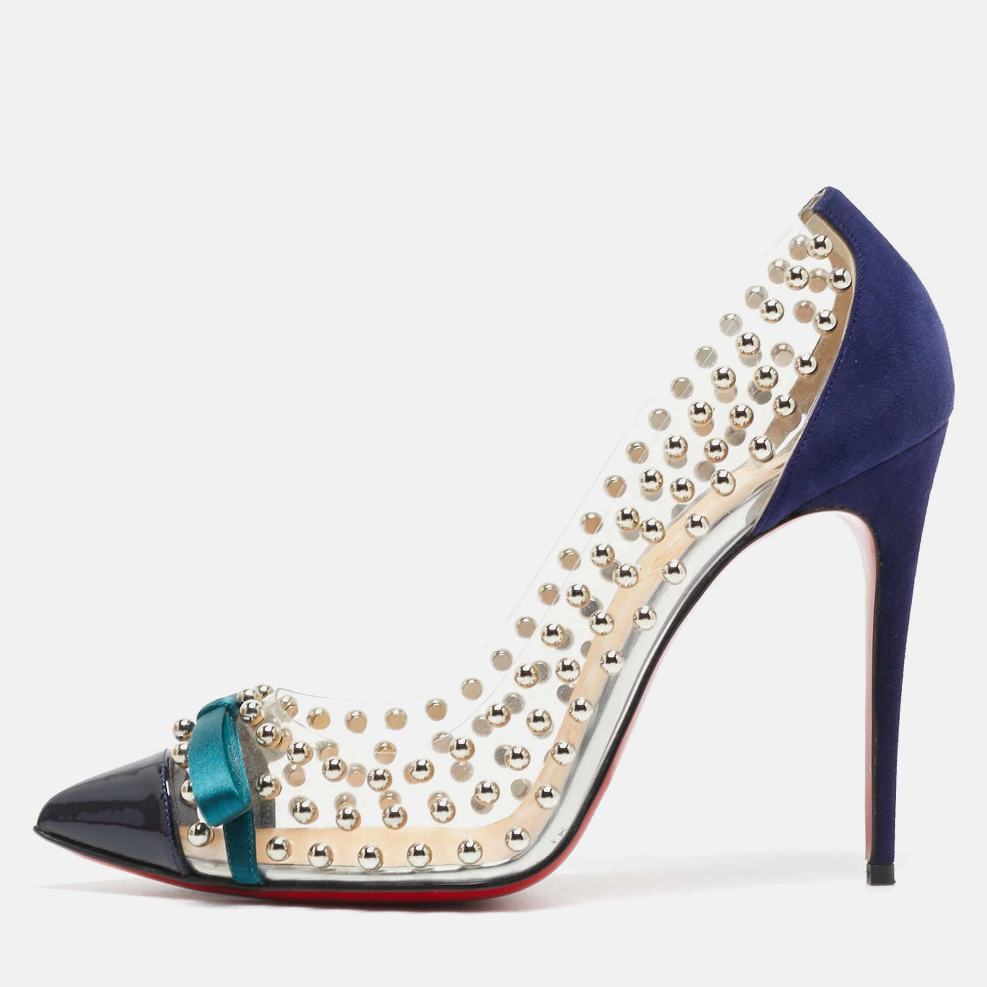 Pre-owned Christian Louboutin Transparent/blue Studded Pvc Suede And Patent Leather Bille Et Boule Pumps Size 39