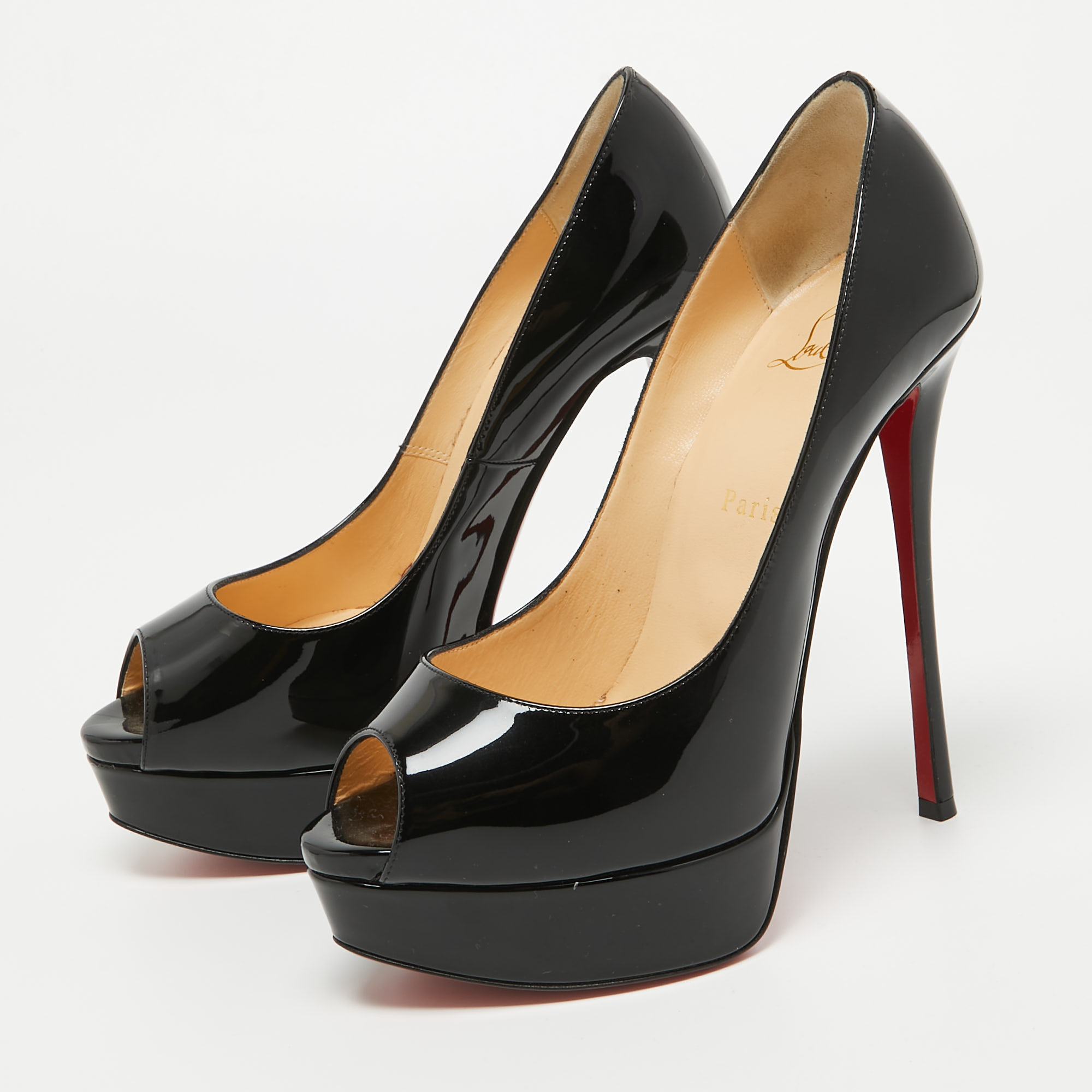

Christian Louboutin Black Patent Leather Lady Peep Pumps Size