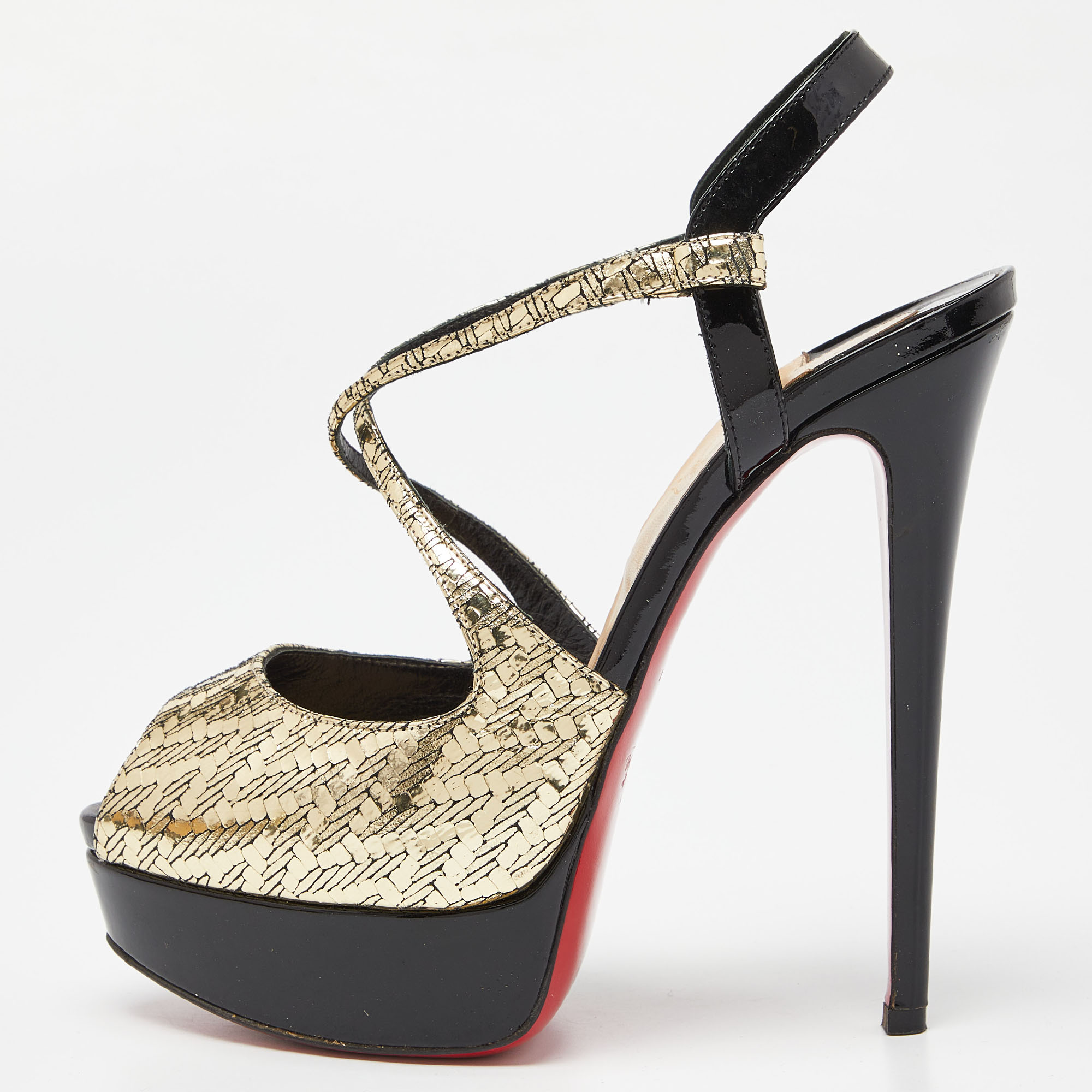Pre-owned Christian Louboutin Black/gold Patent Leather Cross Street Strappy Sandals Size 36