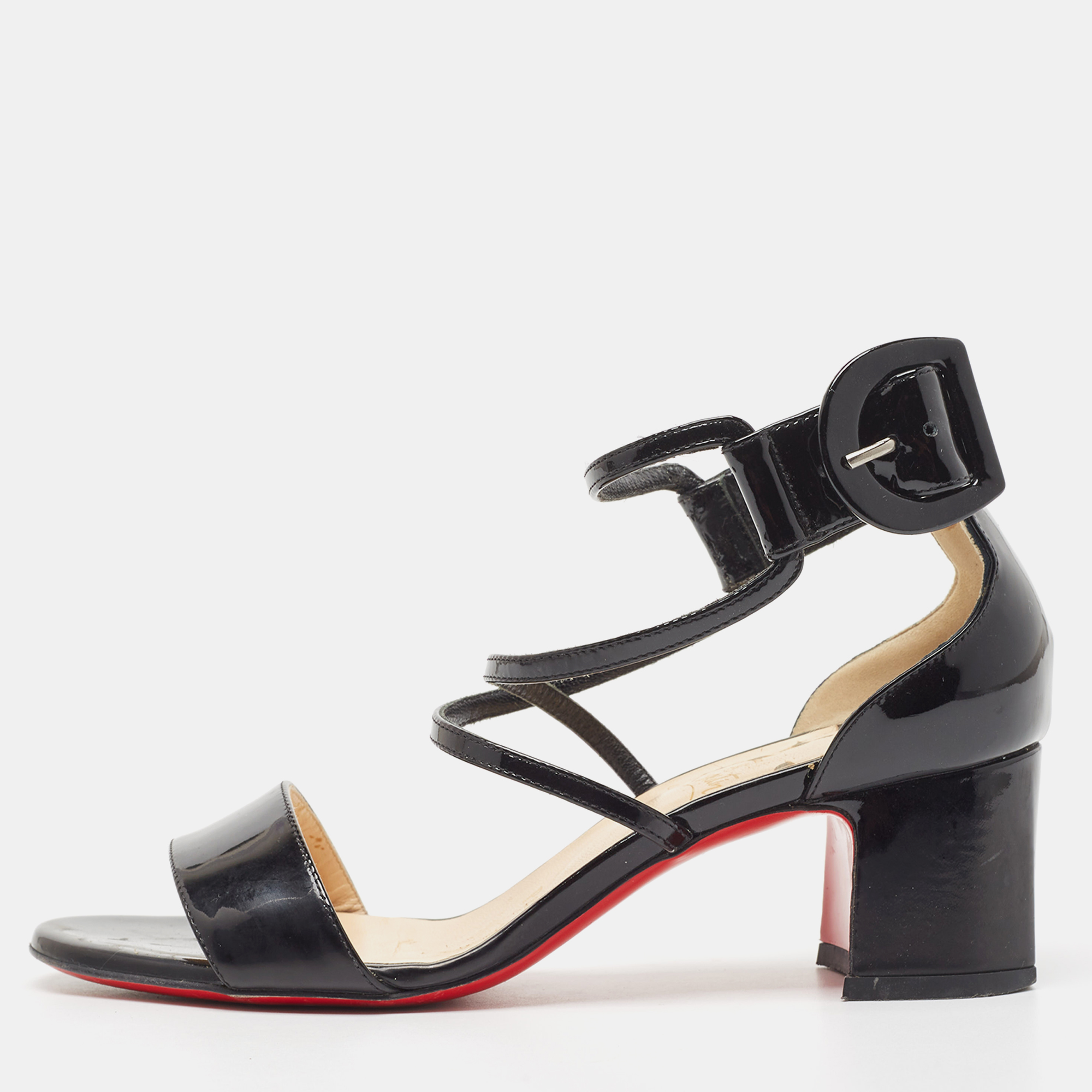 

Christian Louboutin Black Patent Strappy Block Heel Sandals Size