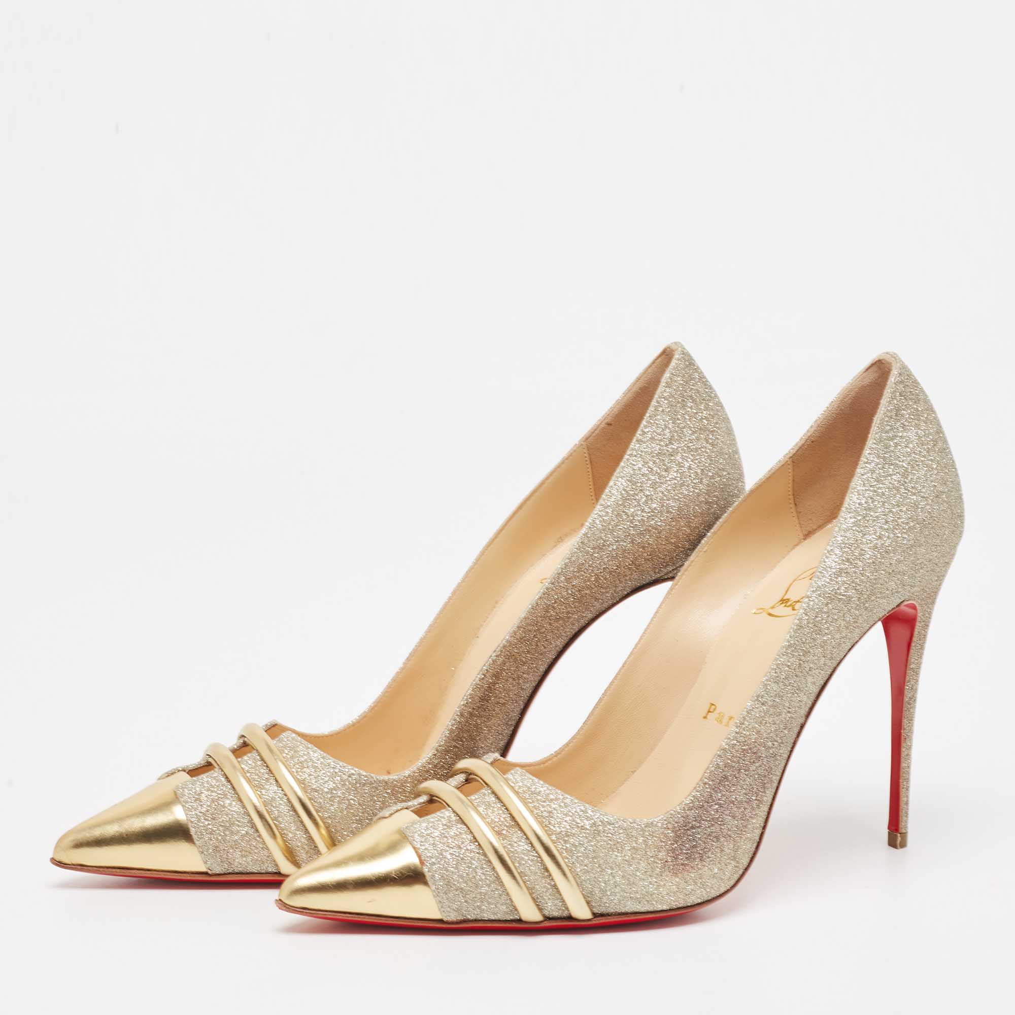

Christian Louboutin Gold Glitter and Leather Front Double Pumps Size