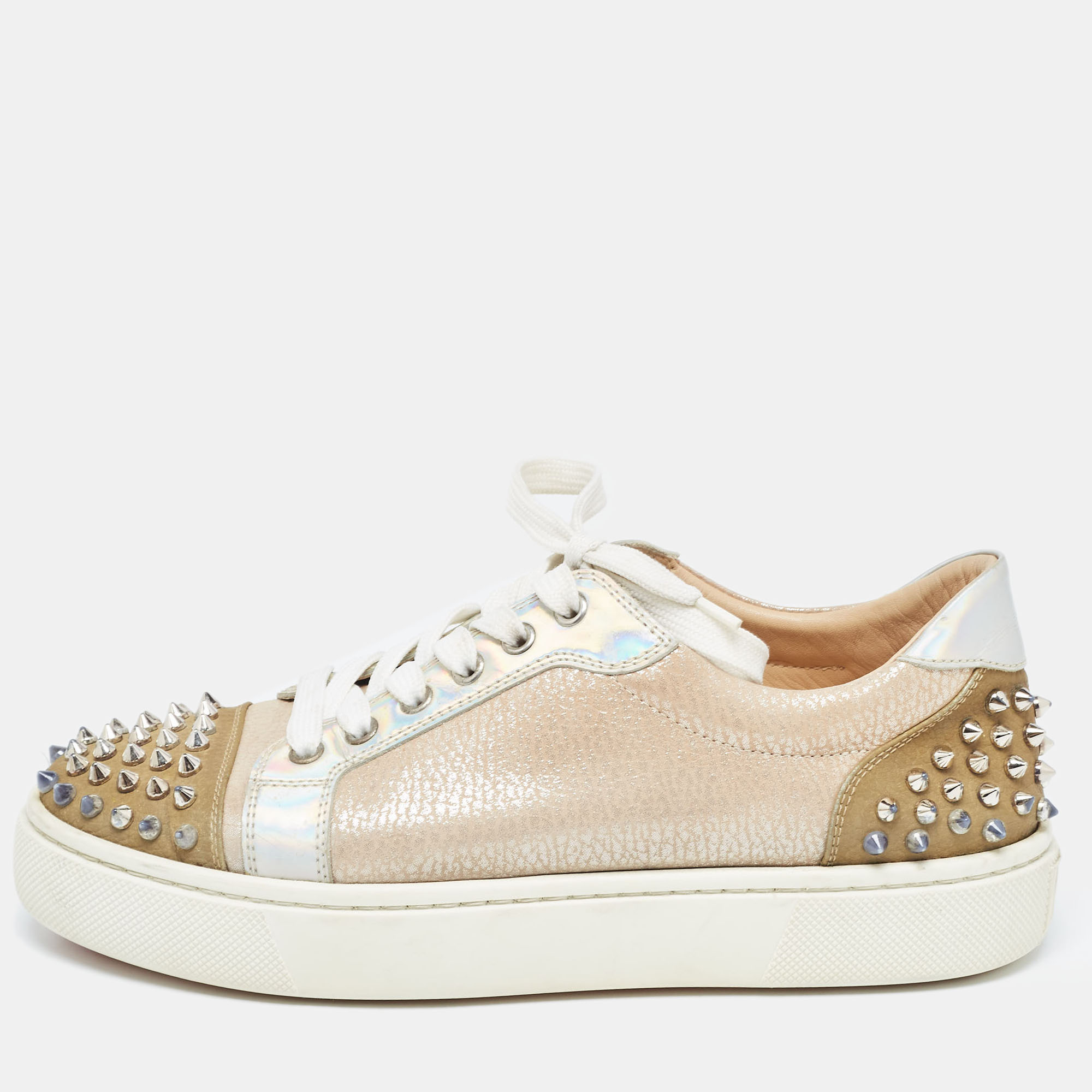 Pre-owned Christian Louboutin Multicolor Nubuck And Leather Louis Junior Spikes Trainers Size 39.5