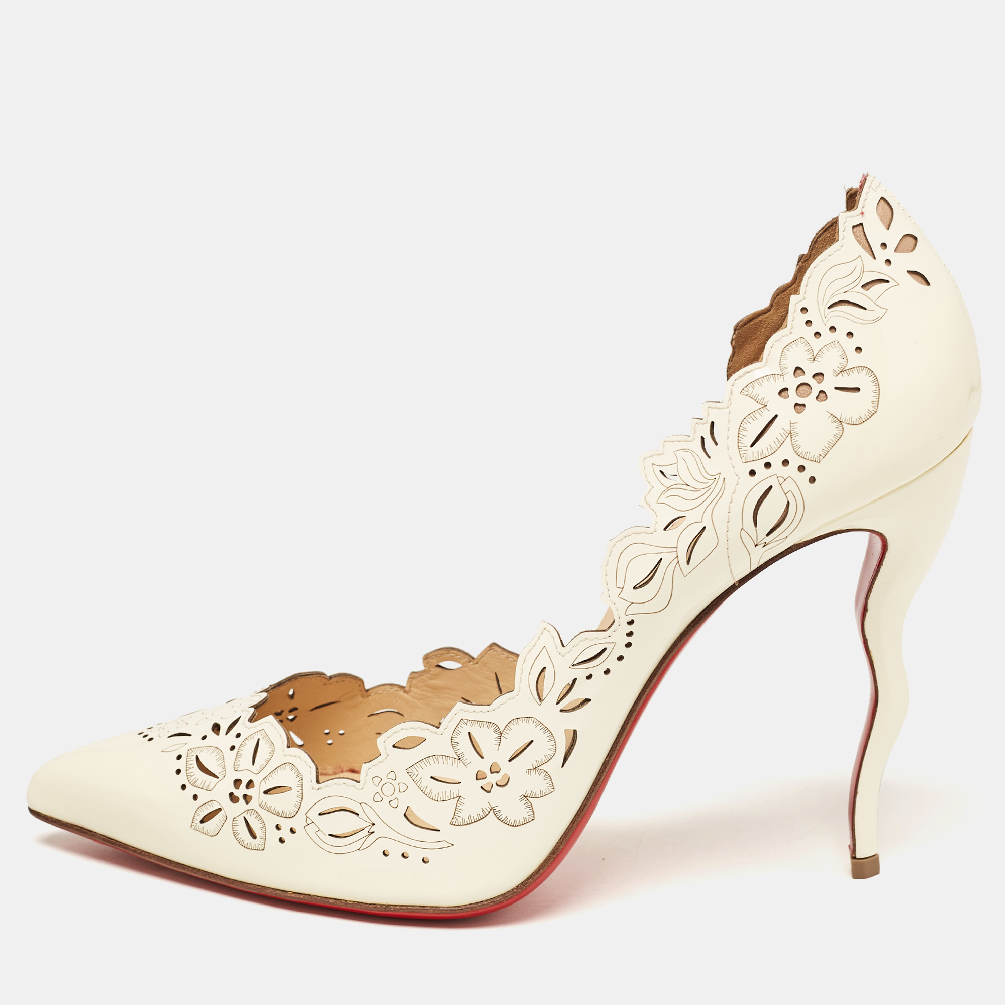 Pre-owned Christian Louboutin Off White Patent Leather Floral Laser Cut D'orsay Pumps Size 40