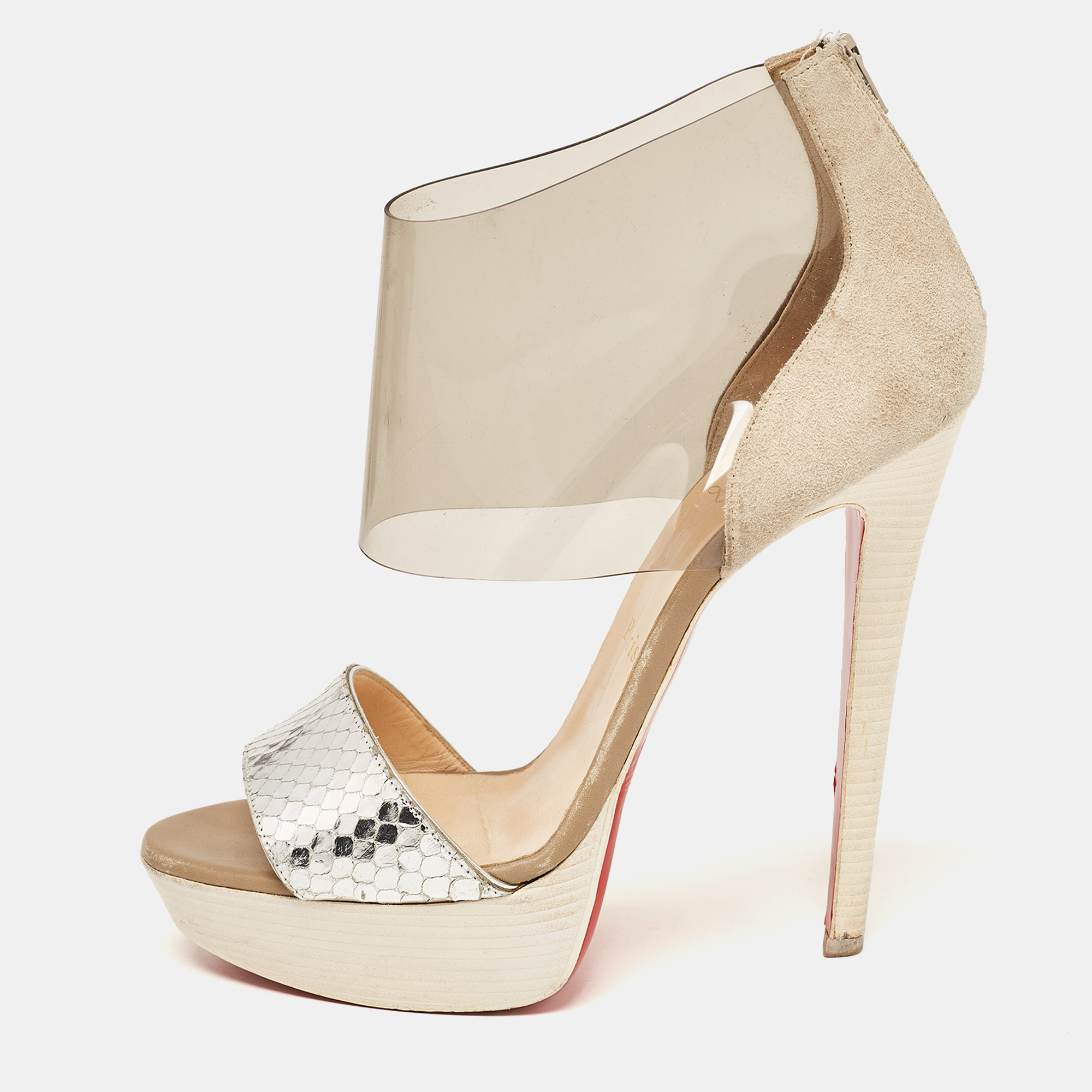 Pre-owned Christian Louboutin Tricolor Embossed Python And Pvc Dufoura Sandals Size 38 In Silver