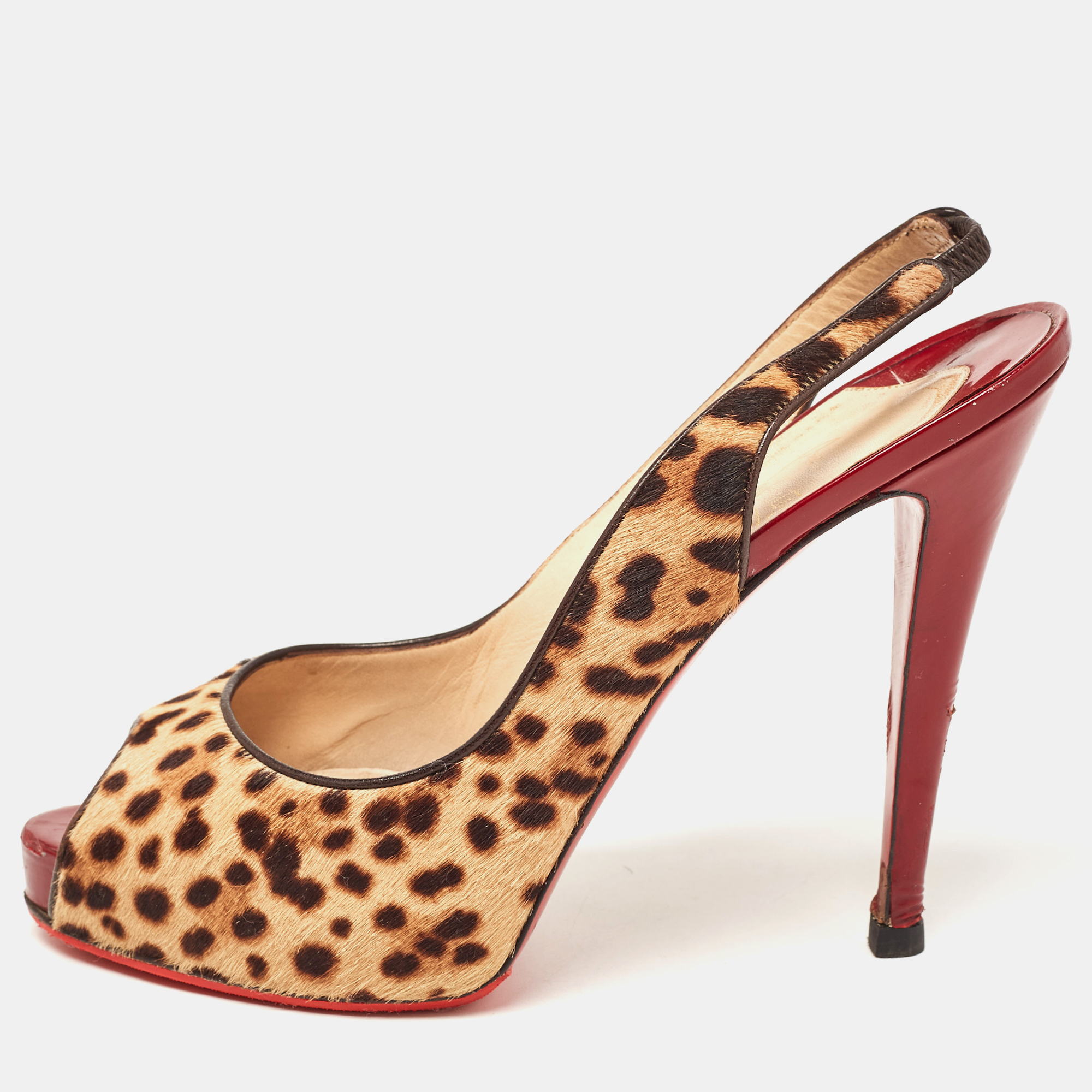 Pre-owned Christian Louboutin Beige/brown Leopard Print Calf Hair No Prive Slingback Pumps Size 41