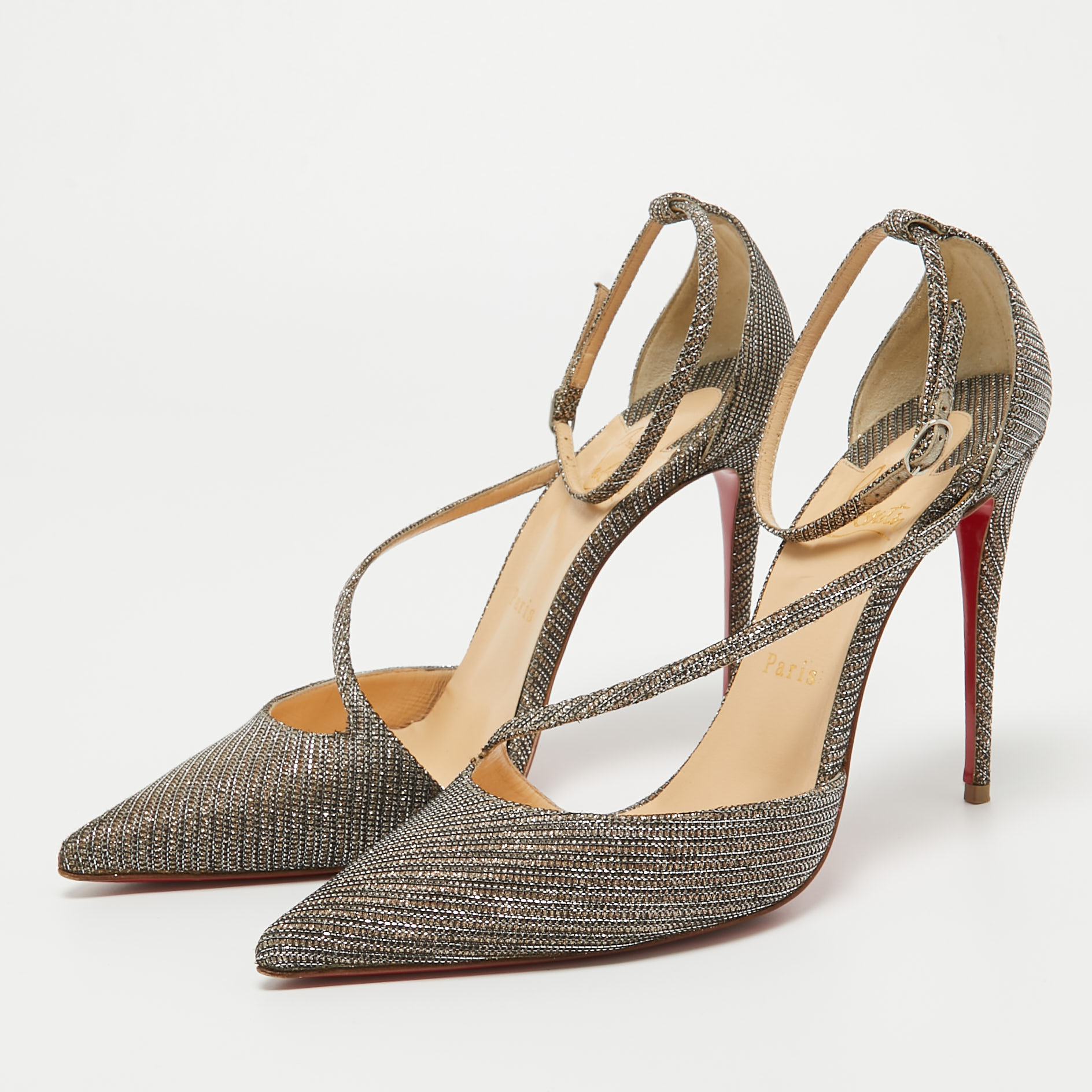 

Christian Louboutin Dull Gold Glitter Peep-Toe T-Bar Pumps Size