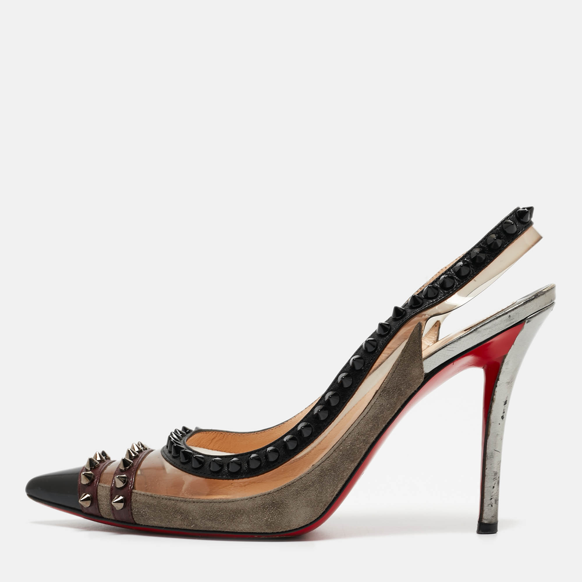 Pre-owned Christian Louboutin Black Suede And Patent Paulina Pumps Size 37.5 In Grey