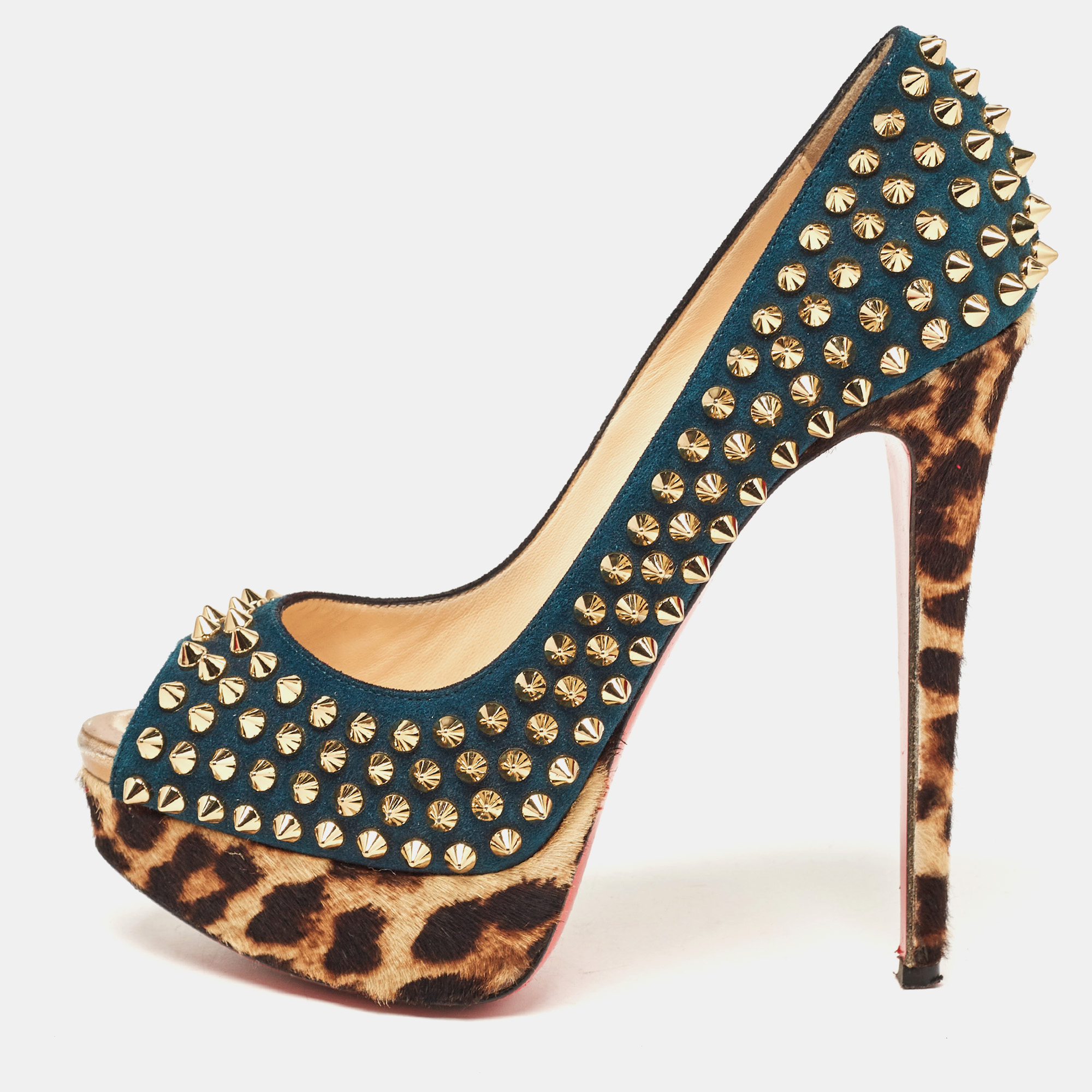 

Christian Louboutin Multicolor Suede and Leopard Calf Hair Lady Peep Spikes Platform Pumps Size