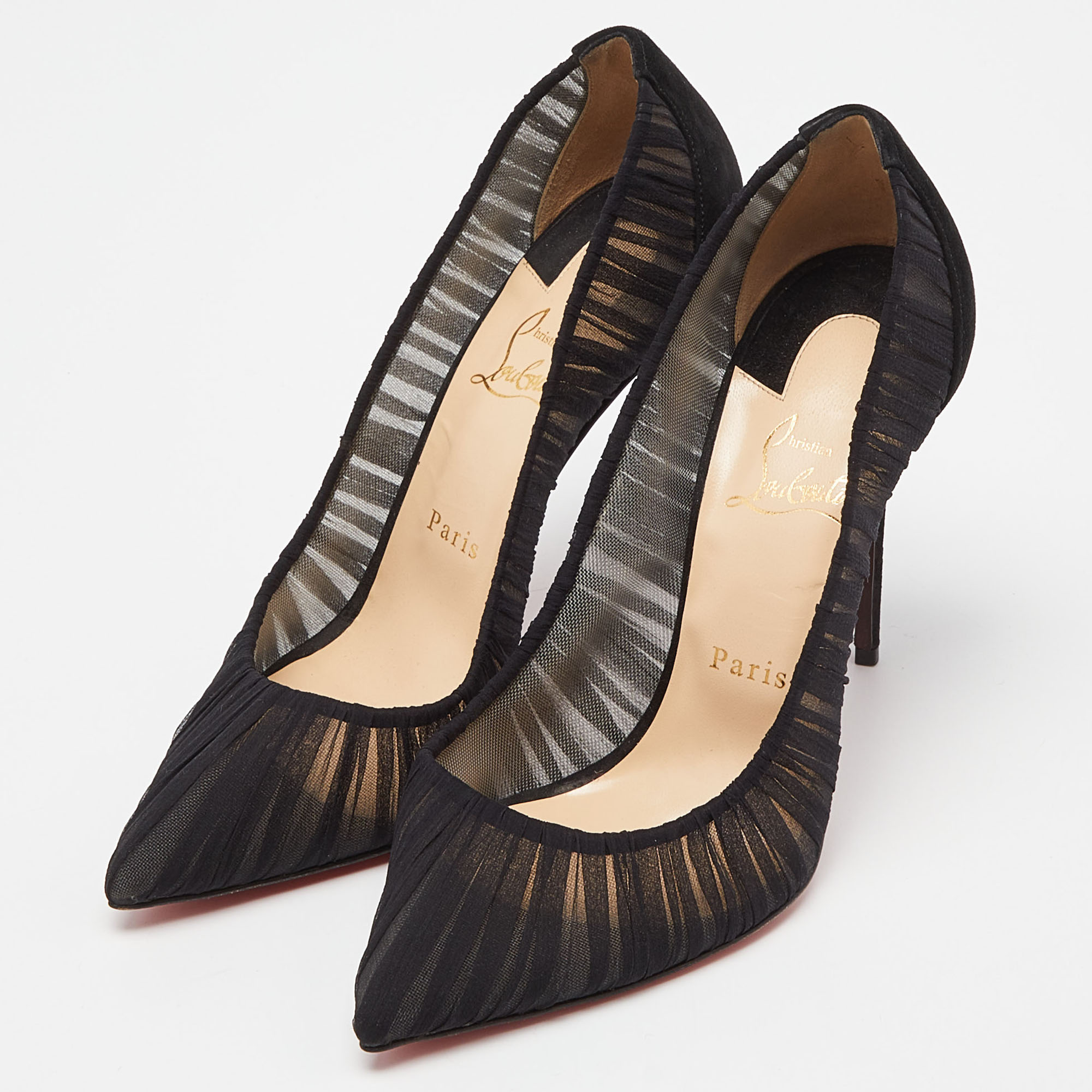 

Christian Louboutin Black Tulle and Suede Follies Draperia 100 Pumps Size