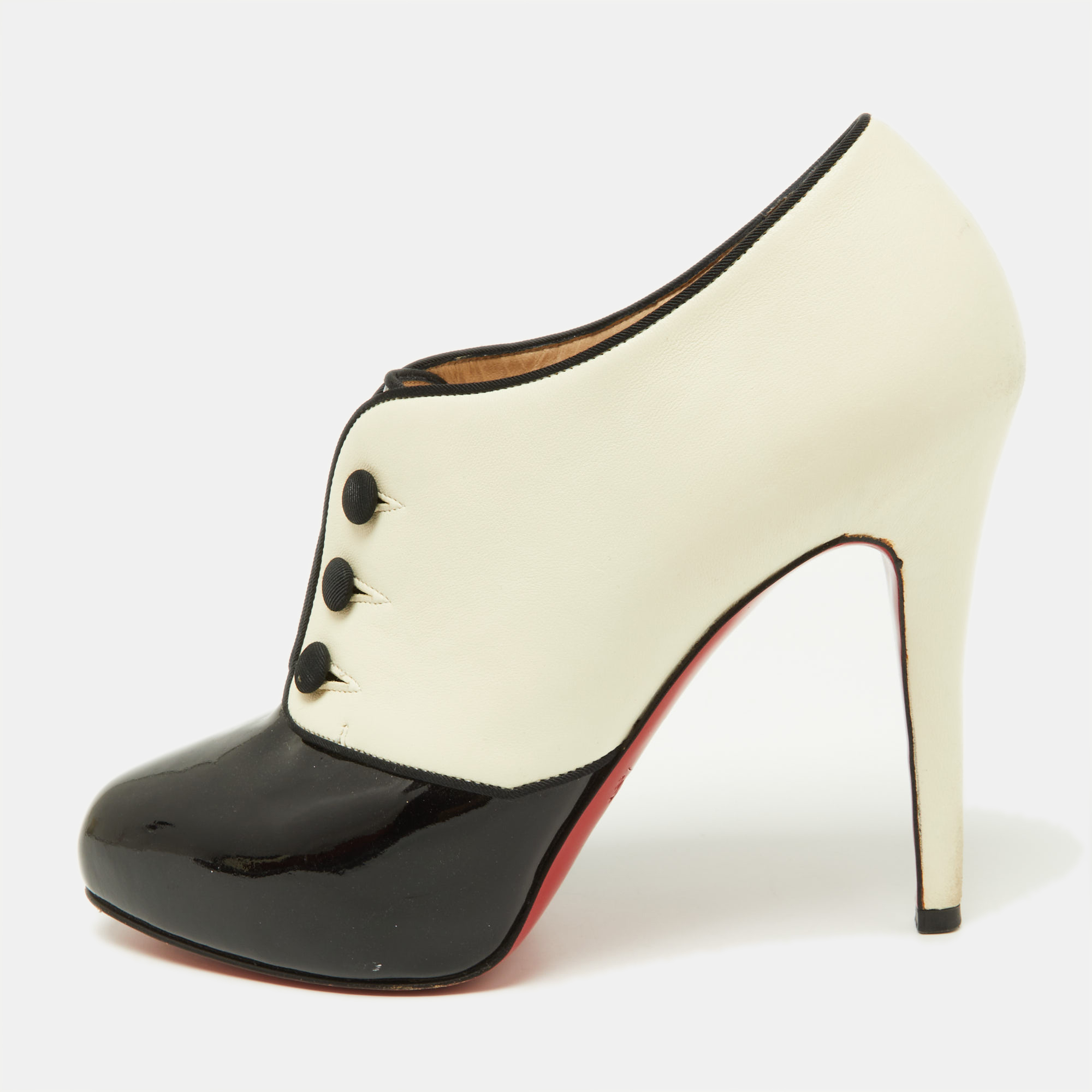 Pre-owned Christian Louboutin Black/cream Patent And Leather Esoteri Booties Size 38