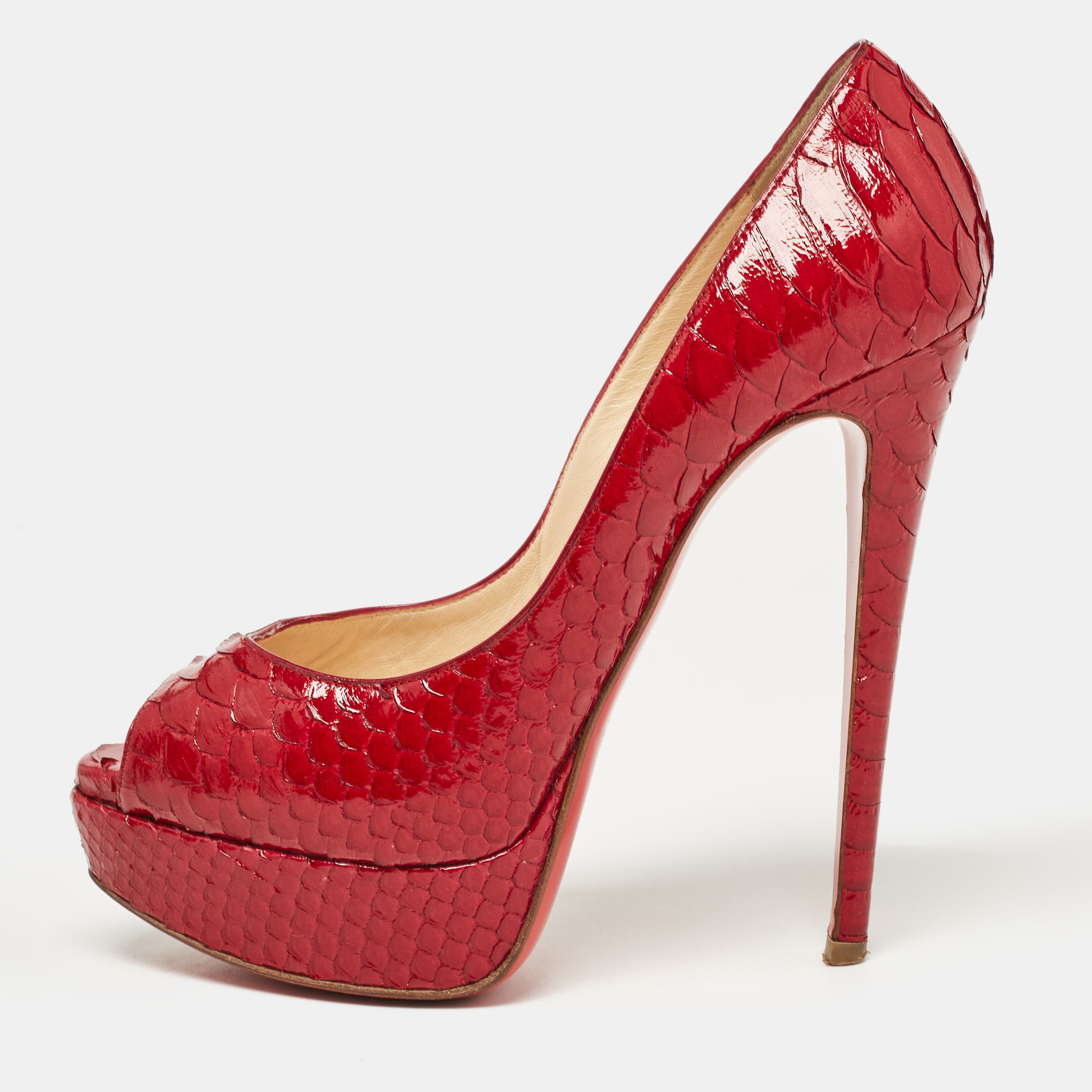 Pre-owned Christian Louboutin Red Python Leather Lady Peep Pumps Size 36.5