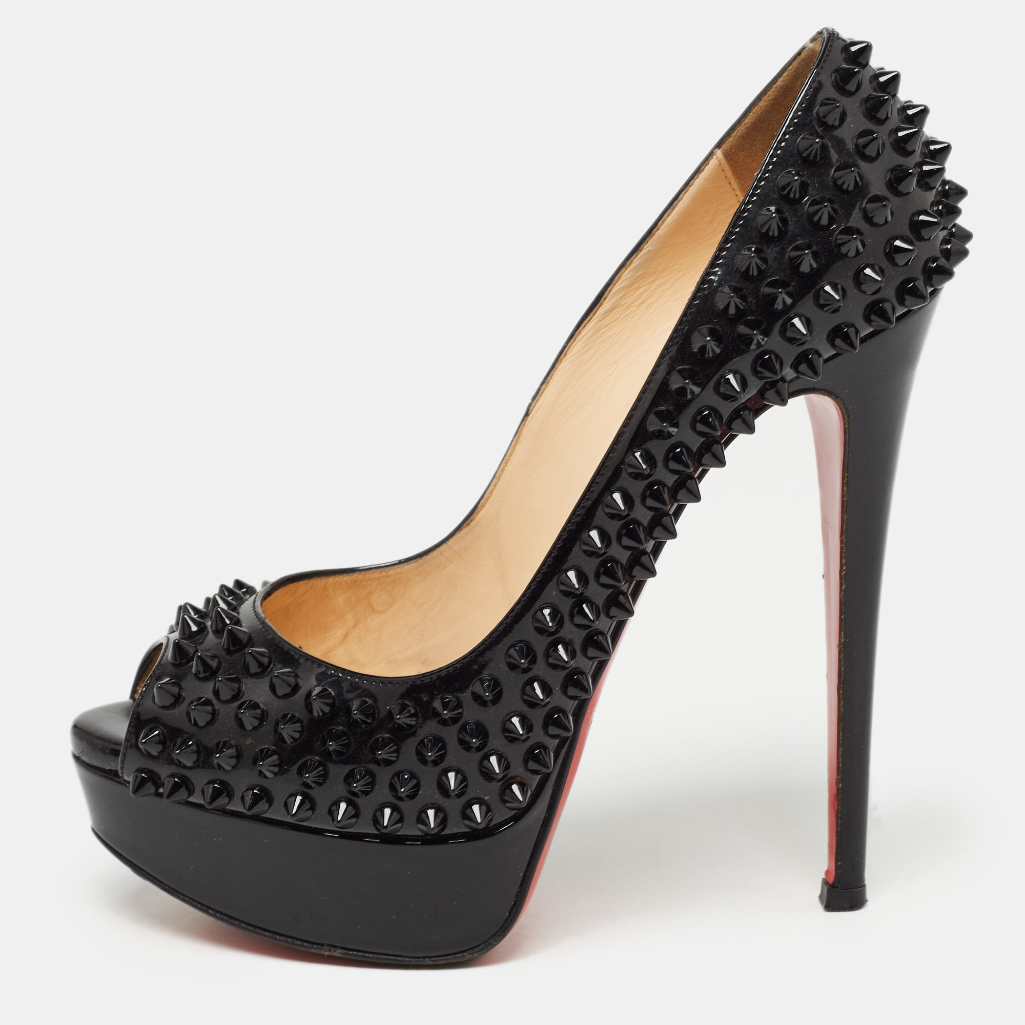 

Christian Louboutin Black Patent Leather Lady Peep Spikes Pumps Size