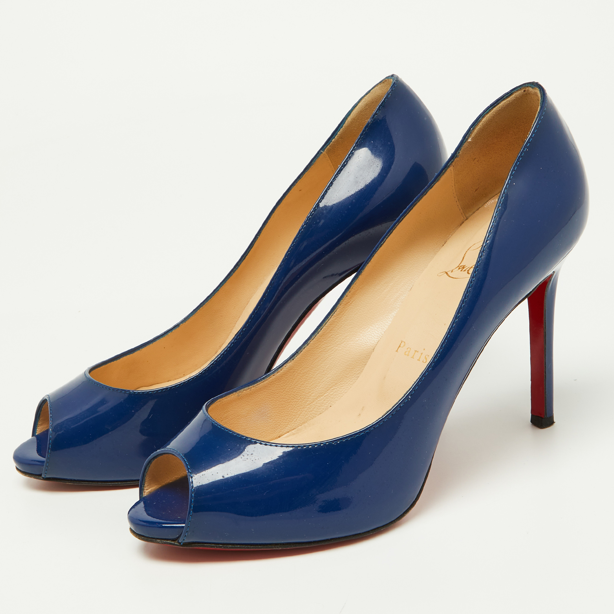 

Christian Louboutin Blue Patent Leather Peep-Toe Pumps Size