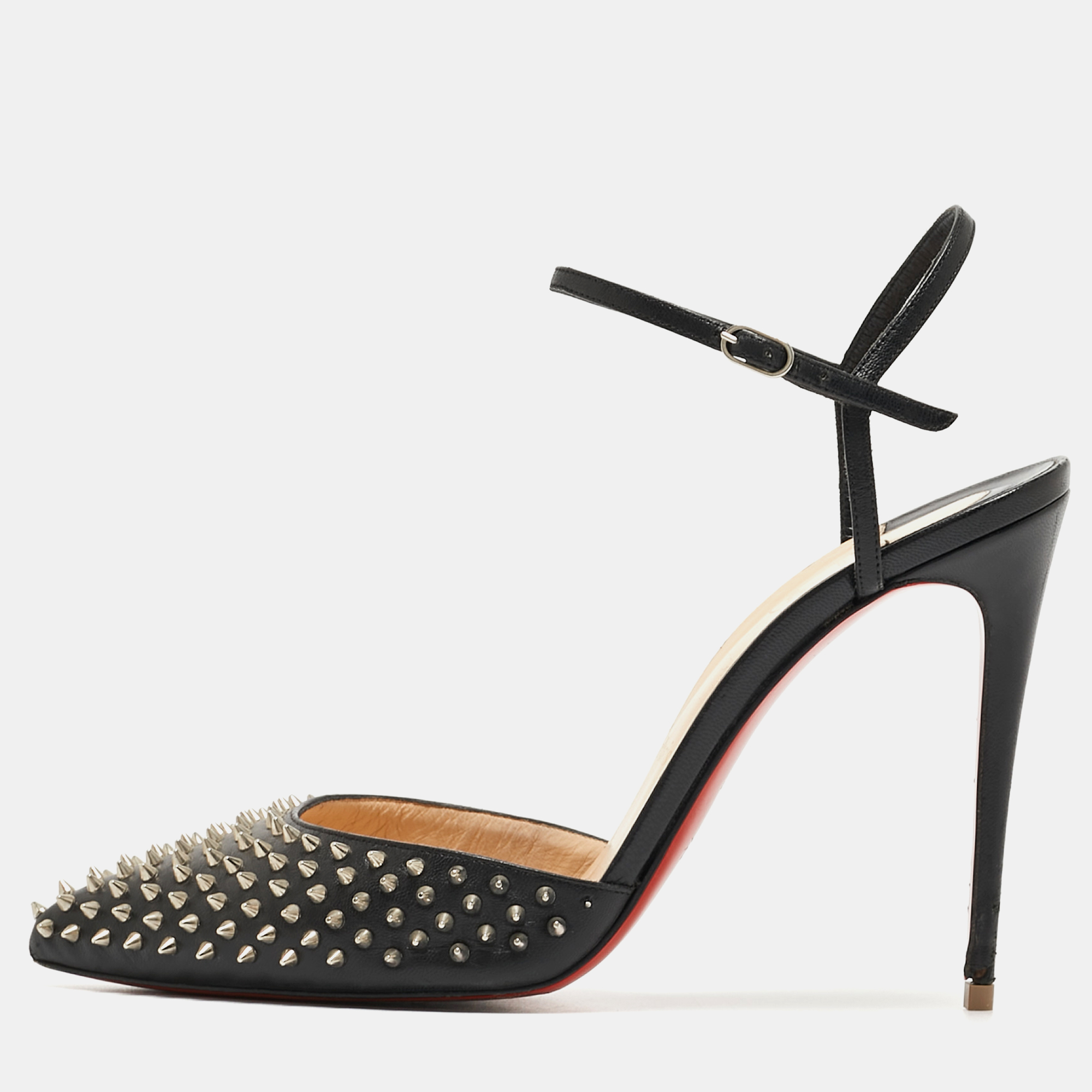 Pre-owned Christian Louboutin Black Leather Baila Ankle Strap Pumps Size 40