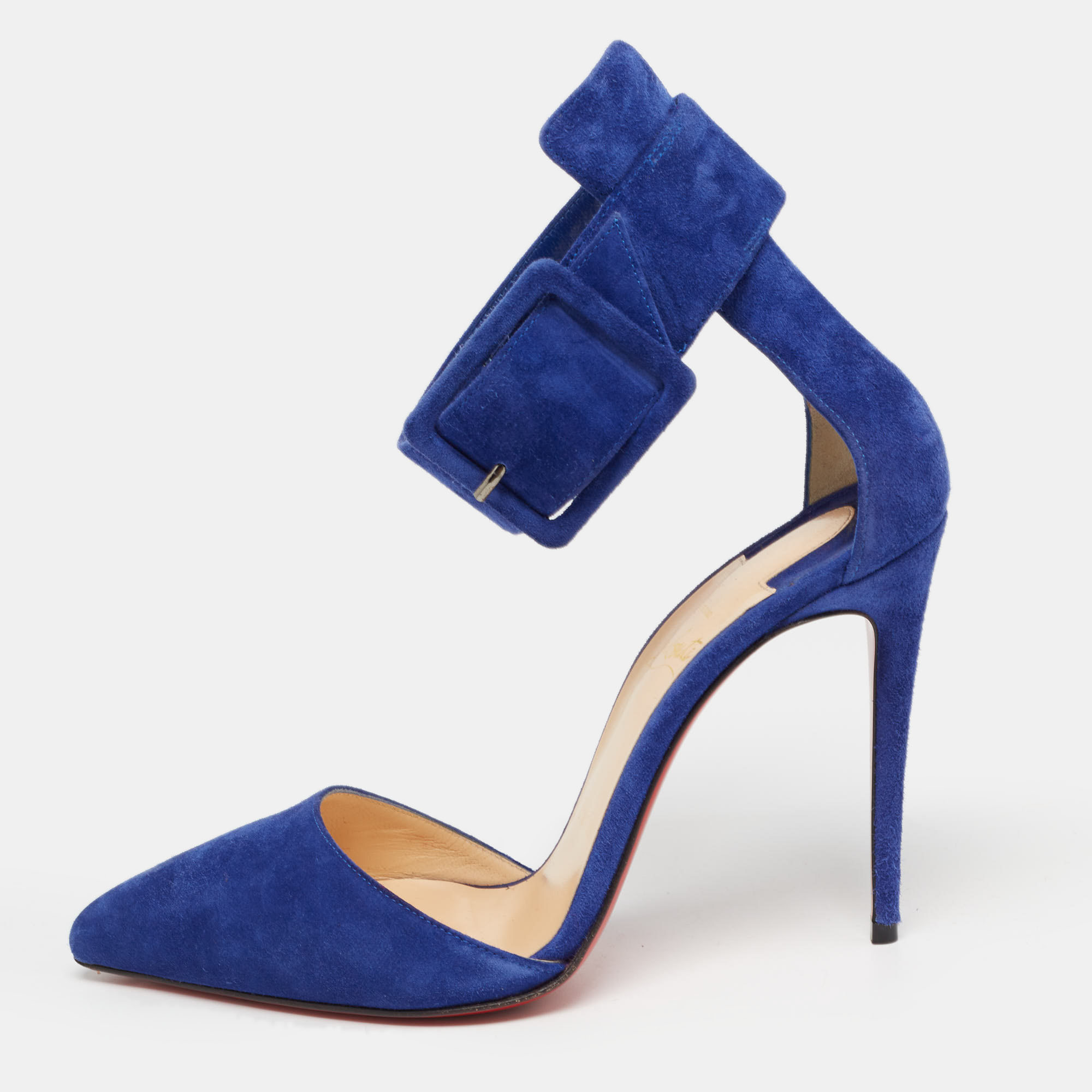 Pre-owned Christian Louboutin Blue Suede Harler Ankle Strap Pumps Size 37.5