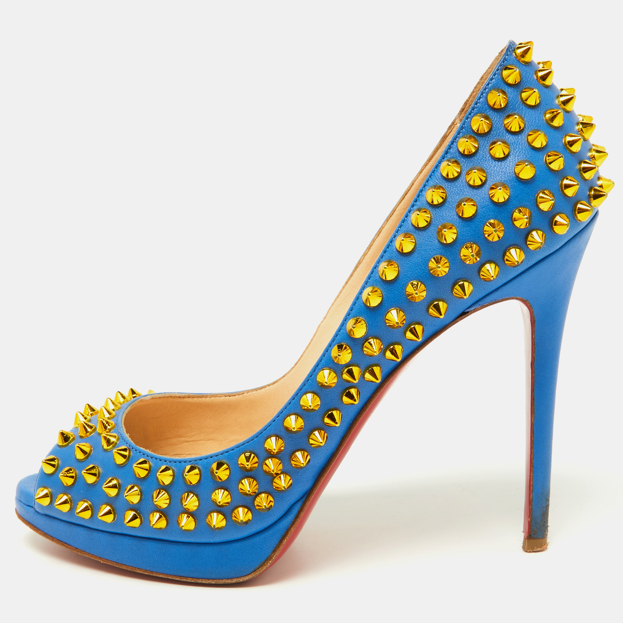 Pre-owned Christian Louboutin Blue Leather Yolanda Spikes Pumps Size 37.5