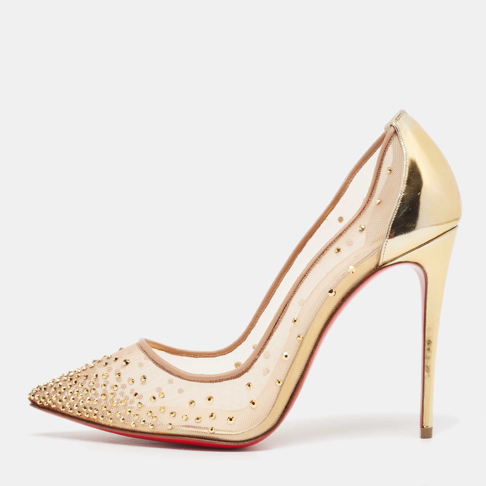 Pre-owned Christian Louboutin Gold Crystal Embellished Leather And Mesh Follies Strass Pumps Size 39