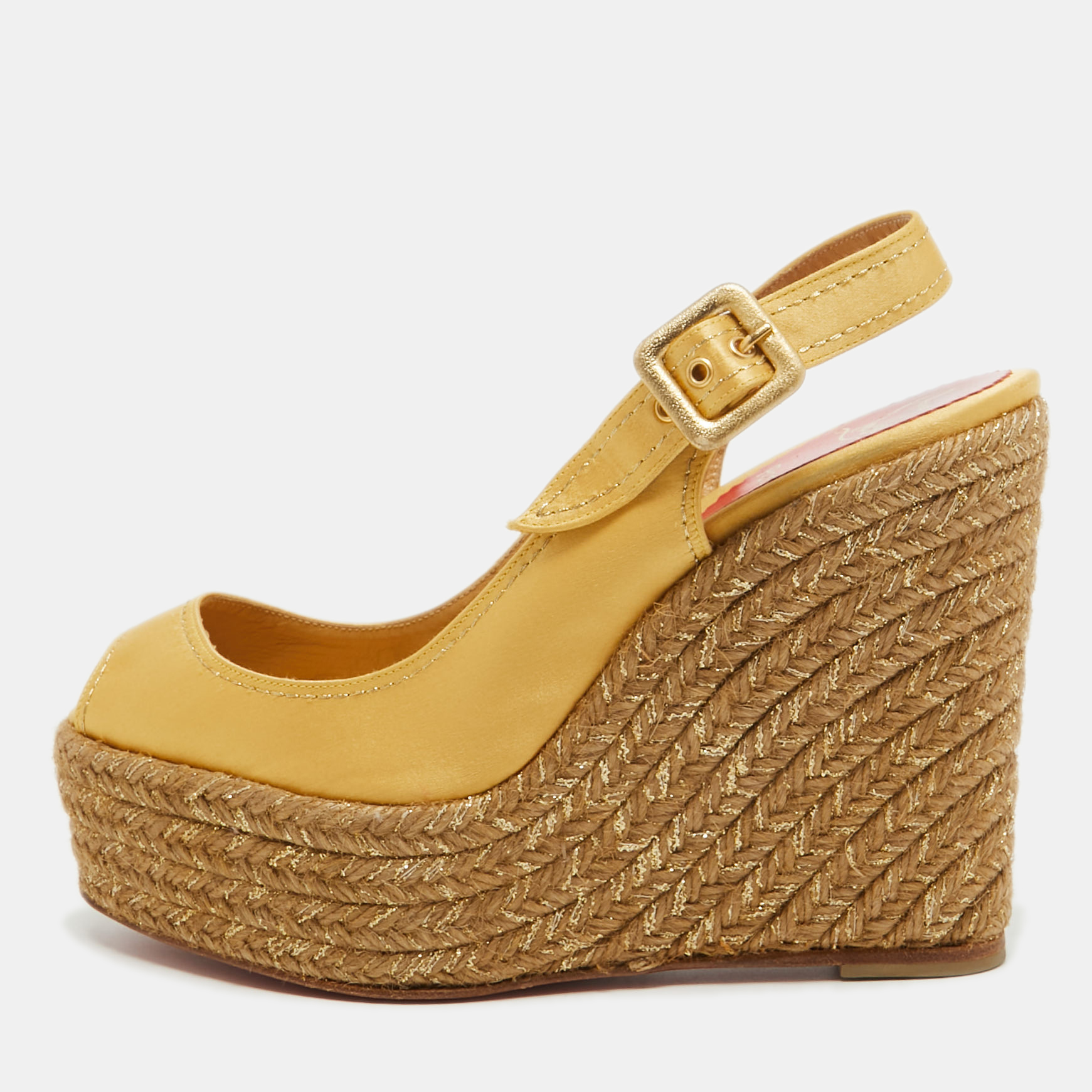 

Christian Louboutin Metallic Yellow Satin Menorca Espadrille Wedge Pumps Size