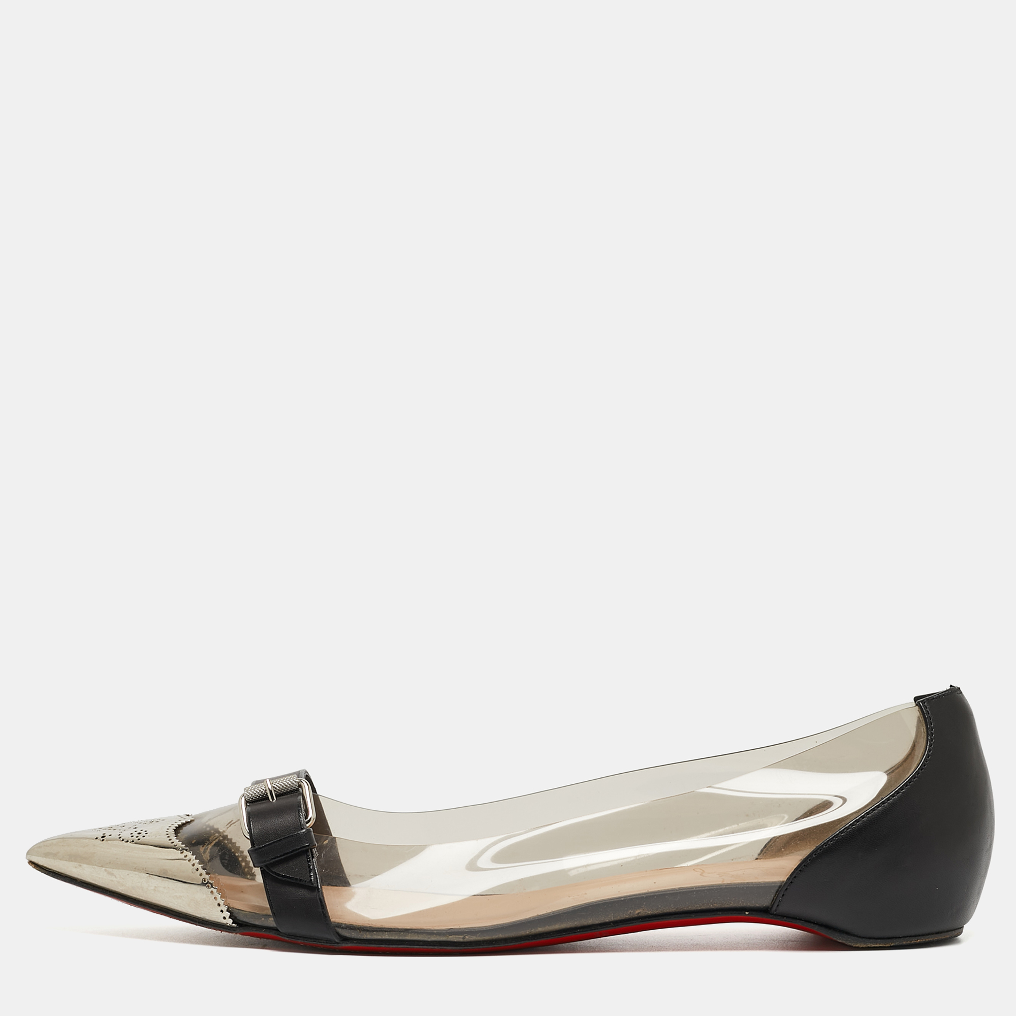 Pre-owned Christian Louboutin Black/silver Leather And Pvc Buckle Ballet Flats Size 40